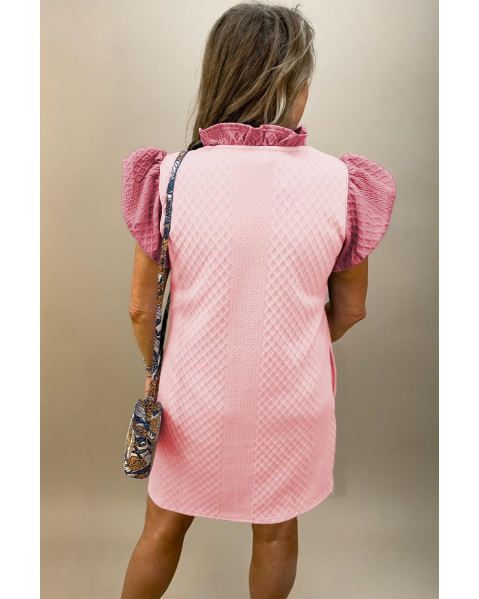 V539-AZEXDC6120635-P1010-M-202508300245-00 Light Pink Textured Puff Sleeve Ruffled V Neck Shift Mini Dress - M - Image 1