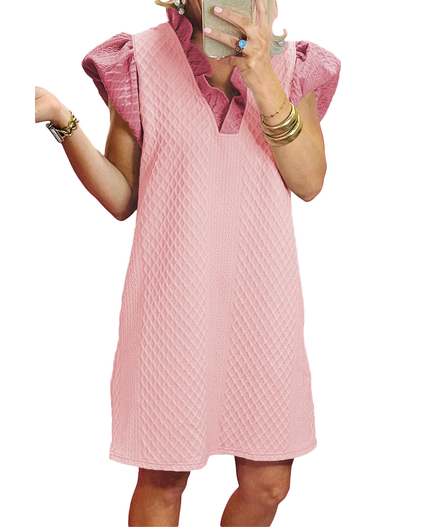 V539-AZEXDC6120635-P1010-XL-202508300625-00 Light Pink Textured Puff Sleeve Ruffled V Neck Shift Mini Dress - XL - Image 1