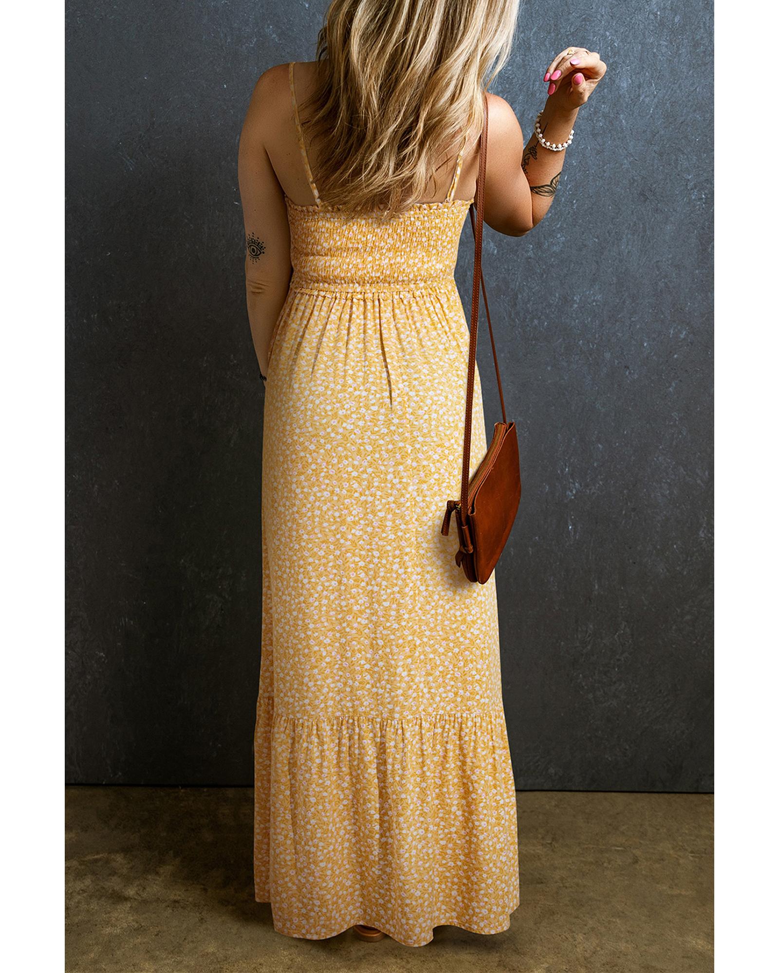 V539-AZEXDC6120648-P720-XL-202508281330-00 Yellow Frilly Smocked High Waist Floral Maxi Dress - XL - Image 1