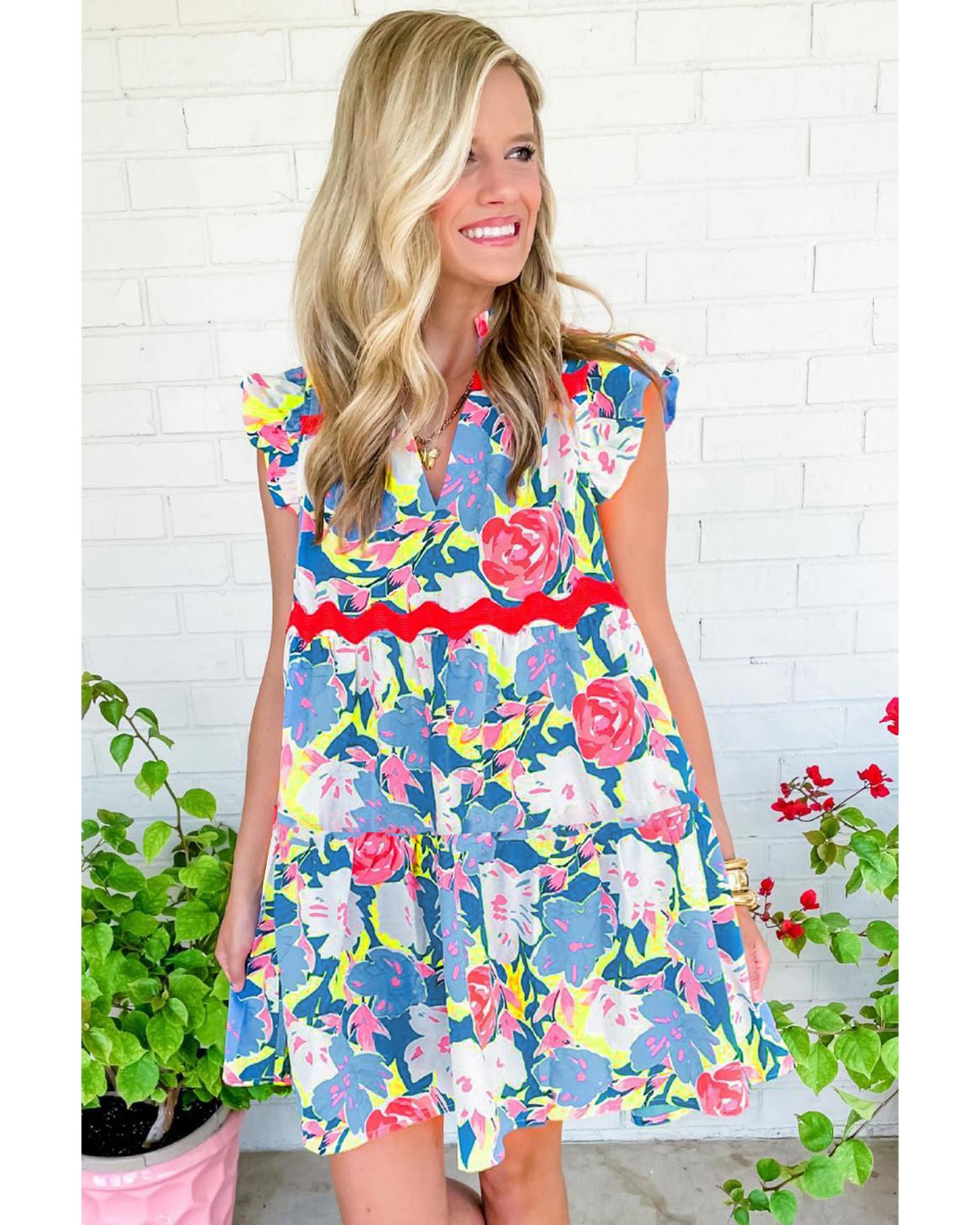 V539-AZEXDC6120657-P420-XL-202508290050-00 Sky Blue Floral Printed V Notched Ric Rac Flutter Sleeve Dress - XL - Image 1