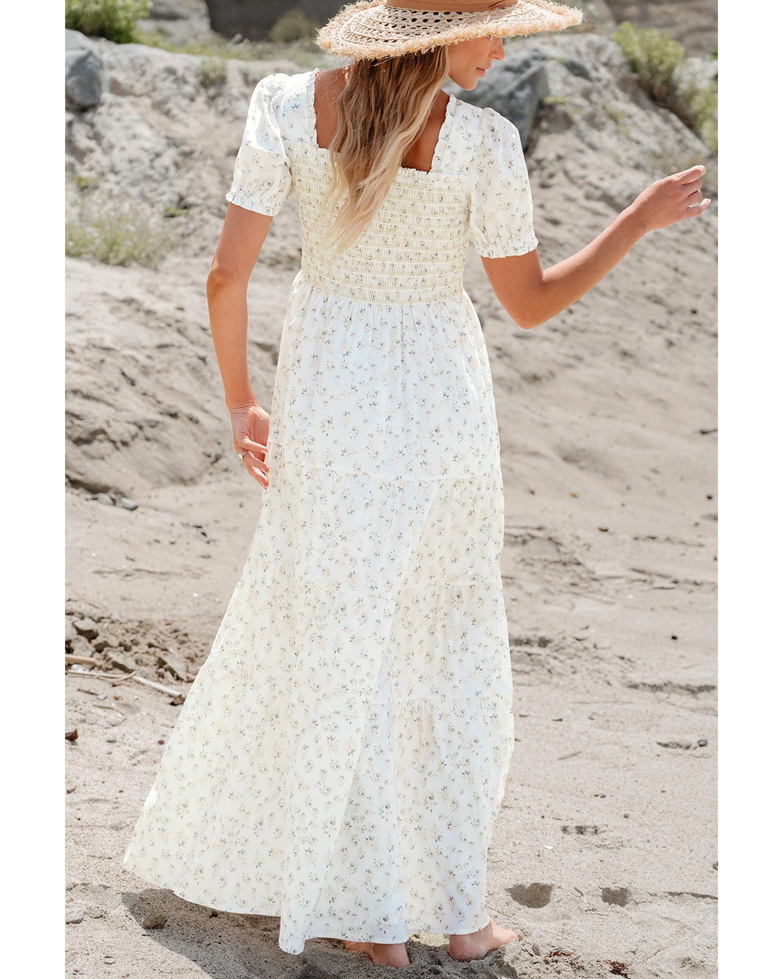 V539-AZEXDC6120665-P1-XL-202508291545-00 White Frilly Shirred Bodice Tiered Floral Maxi Dress - XL - Image 1