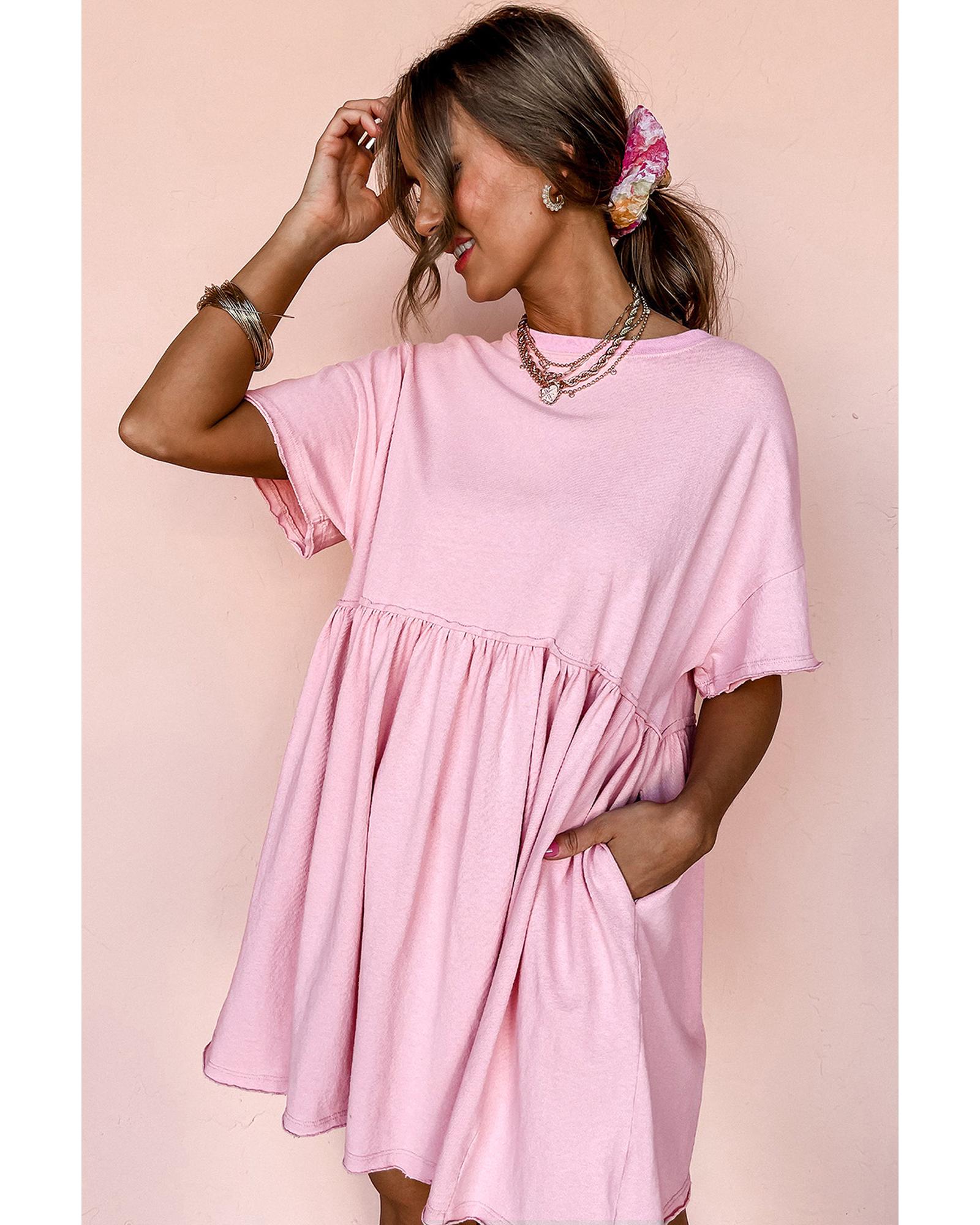 V539-AZEXDC6120695-P1010-L-202506141522-00 Light Pink Solid Color Pocketed Raw Edge Babydoll Dress - L - Image 1