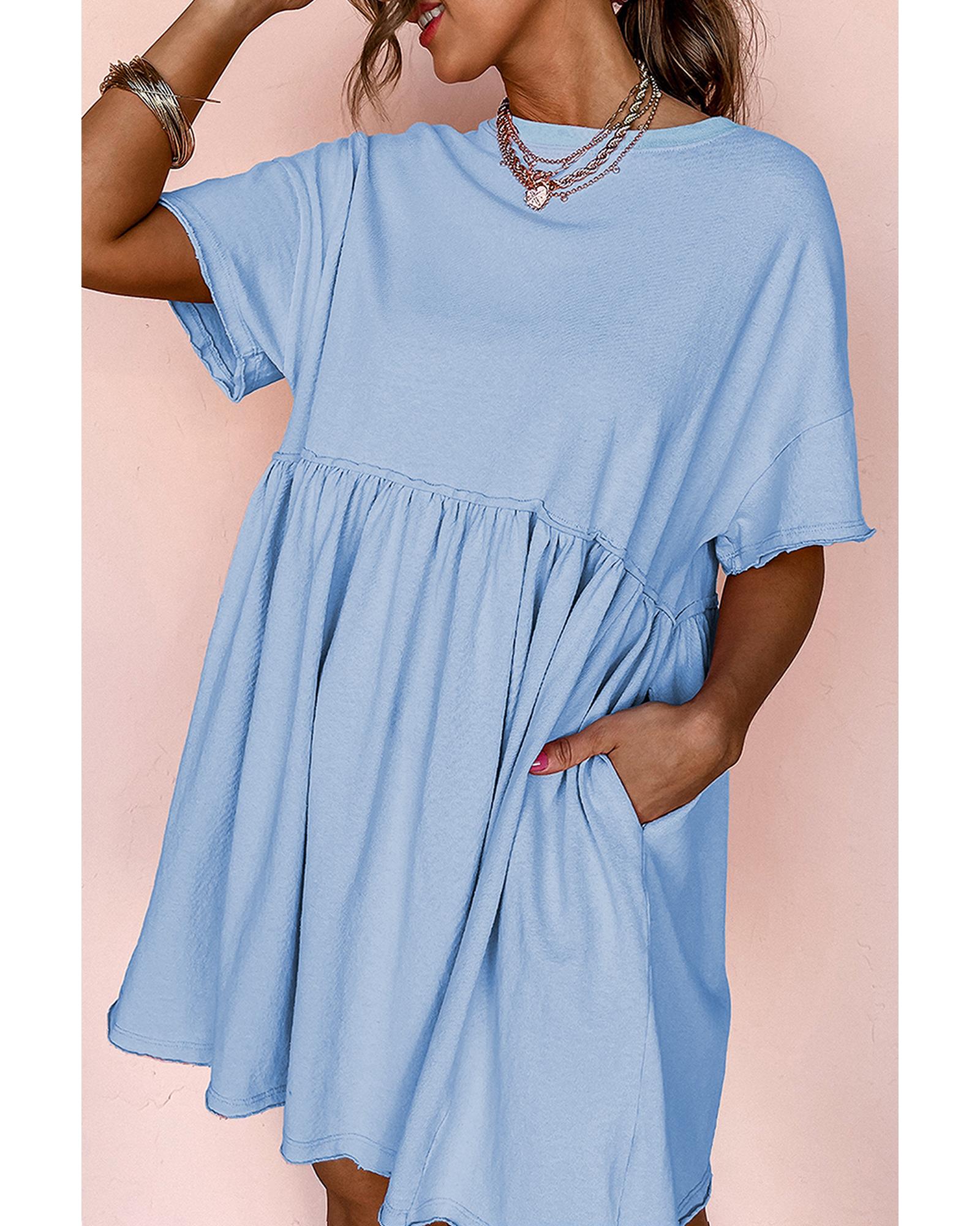 V539-AZEXDC6120695-P304-XL-202508280340-00 Sky Blue Solid Color Pocketed Raw Edge Babydoll Dress - XL - Image 1