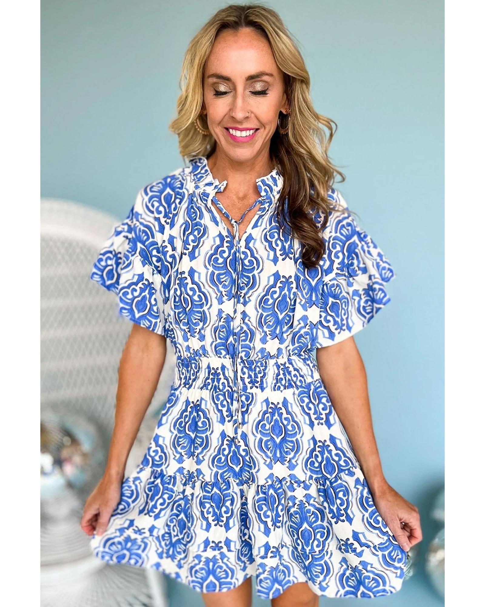 V539-AZEXDC6120776-P604-XL-202508281605-00 Ashleigh Blue Vintage Floral Print Wide Ruffled Sleeve Dress - XL - Image 1