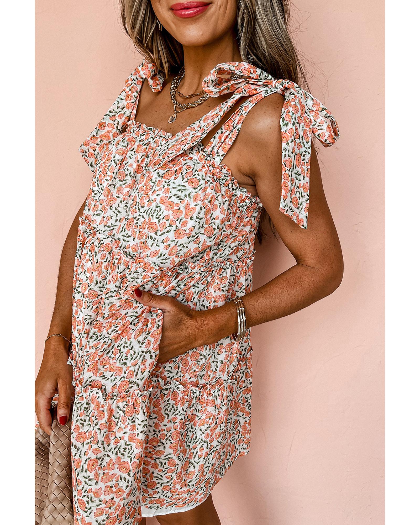 V539-AZEXDC6120854-P1420-L-202508291700-00 Orange Rose Floral Knotted Straps Tiered Babydoll Dress - L - Image 1