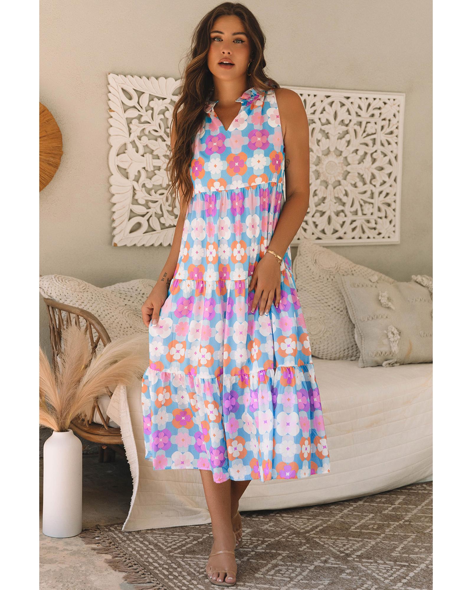 V539-AZEXDC6120885-P420-M-202508292155-00 Sky Blue Floral Print Frilly Neck Sleeveless Tiered Maxi Dress - M - Image 1