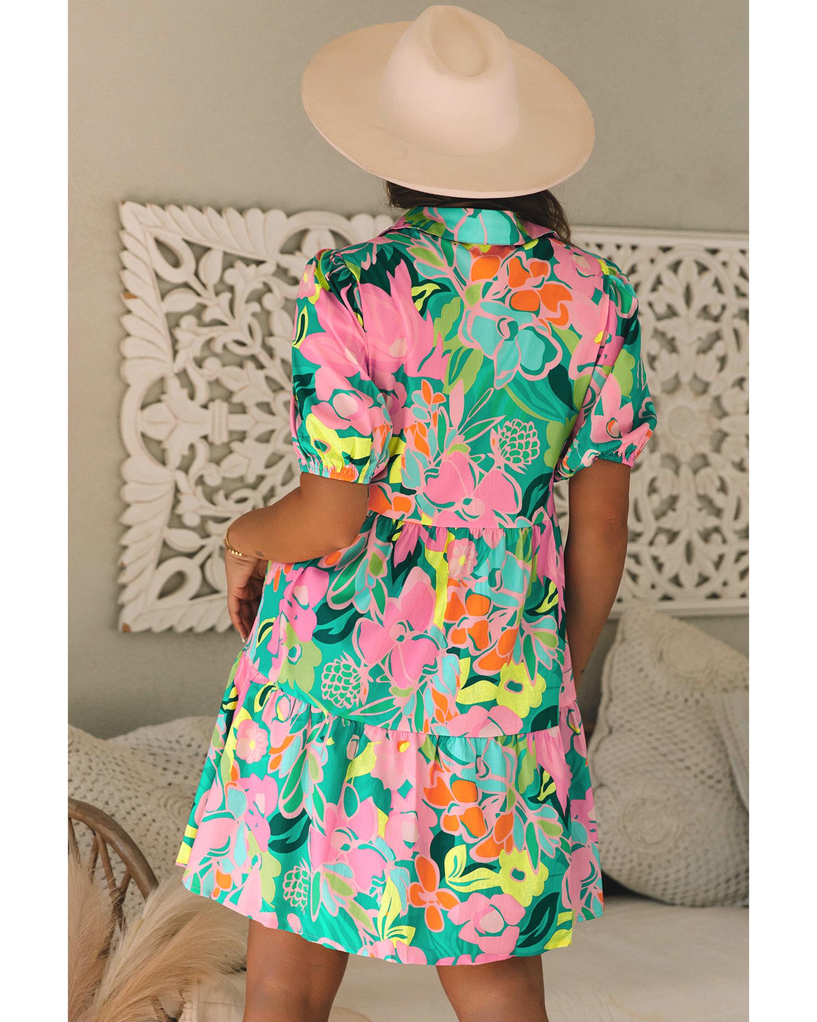 V539-AZEXDC6120973-P920-S-202506141610-00 Green Floral Puff Sleeve Collar Buttoned Babydoll Dress - S - Image 1