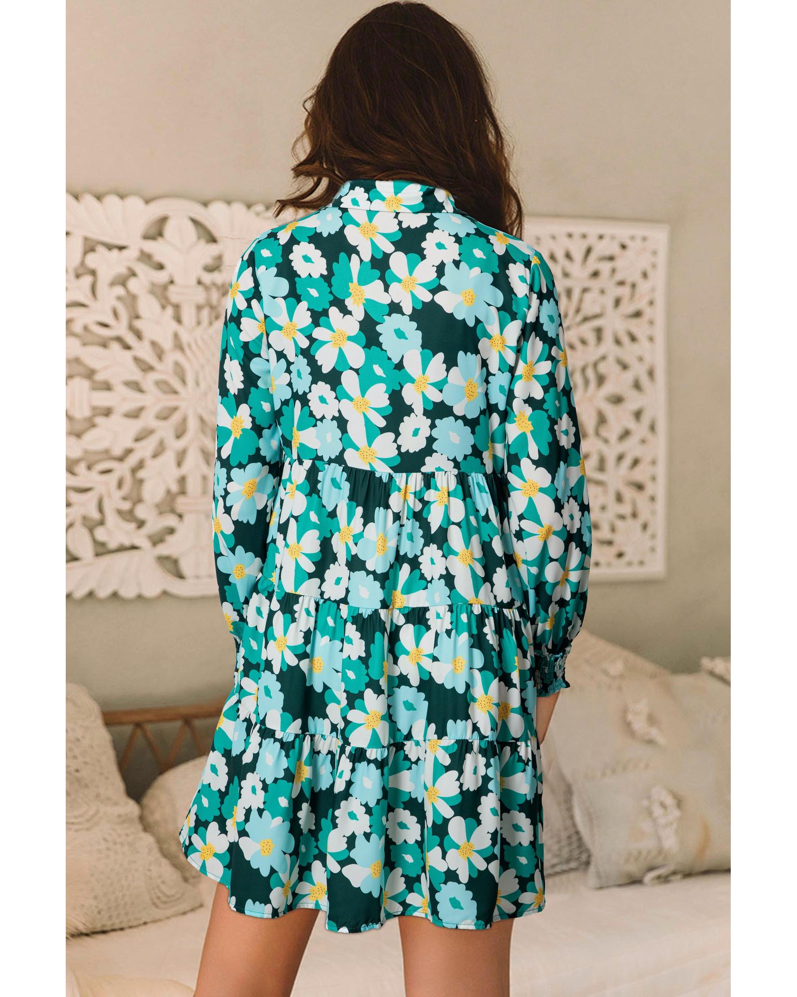 V539-AZEXDC6121260-P309-S-202506141632-00 Green Floral Tiered Long Puff Sleeve Shirt Dress - S - Image 1