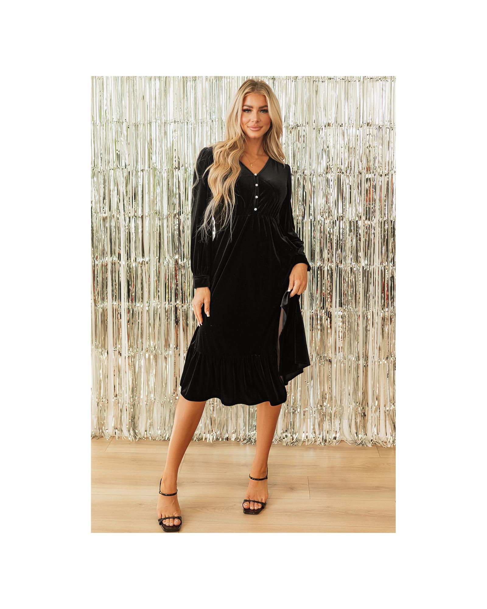 V539-AZEXDC6121352-P2-S-202506141647-00 Black Velvet Buttoned Puff Sleeve V Neck Split Midi Dress - S - Image 1
