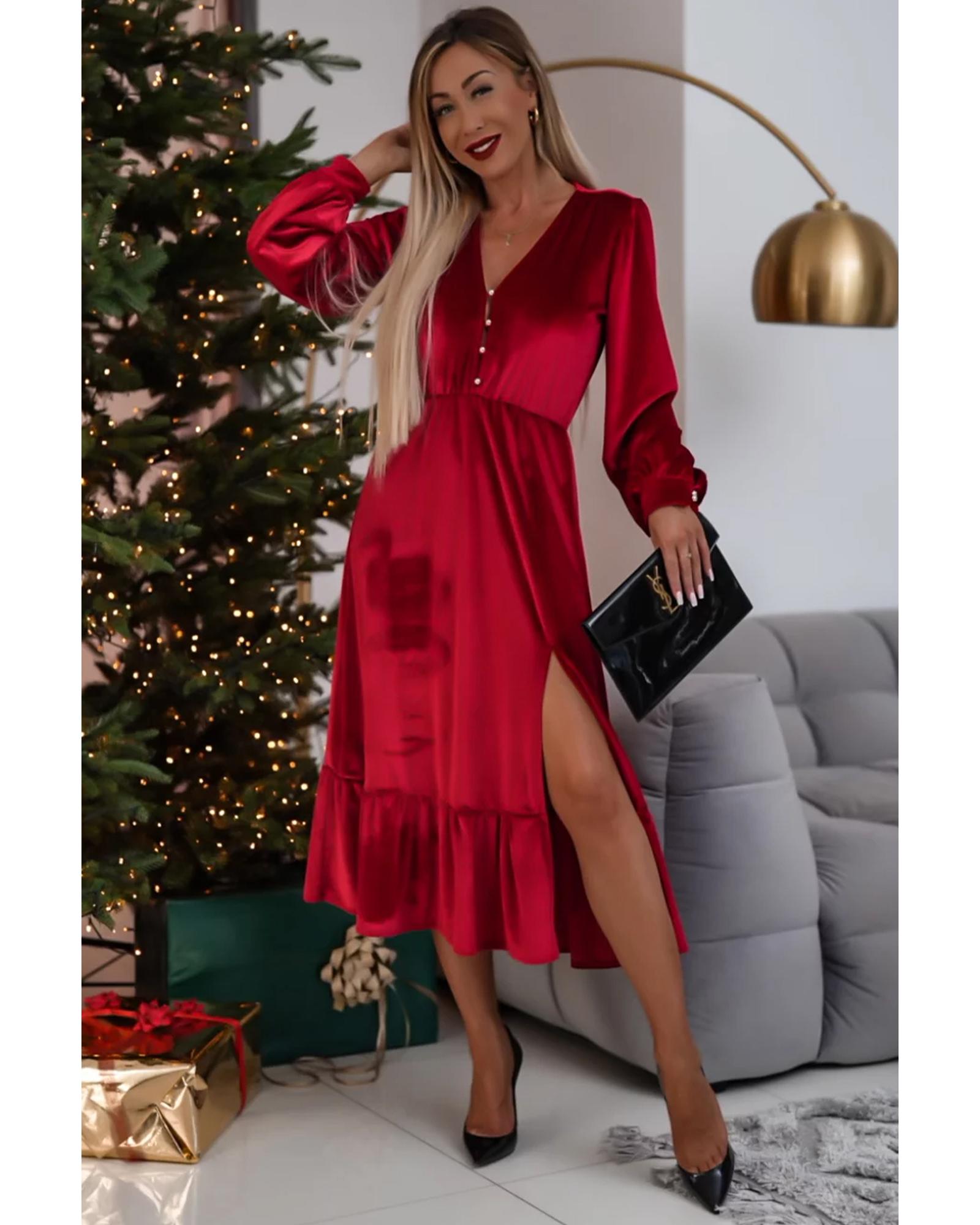 V539-AZEXDC6121352-P603-M-202508291840-00 Racing Red Velvet Buttoned Puff Sleeve V Neck Split Midi Dress - M - Image 1
