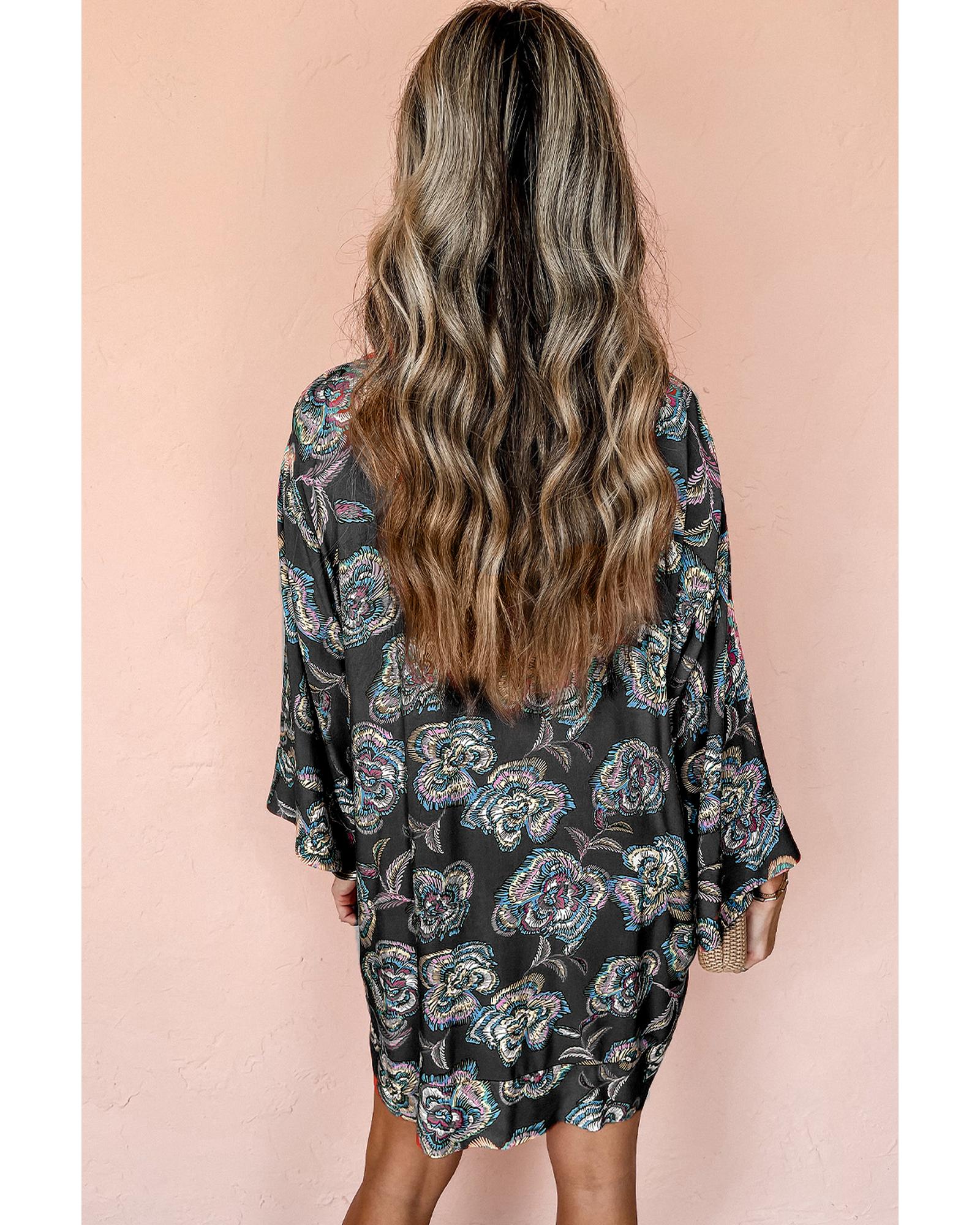 V539-AZEXDC6121374-P220-L-202506141727-00 Black Floral Print Lapel Collar Loose Shirt Mini Dress - L - Image 1