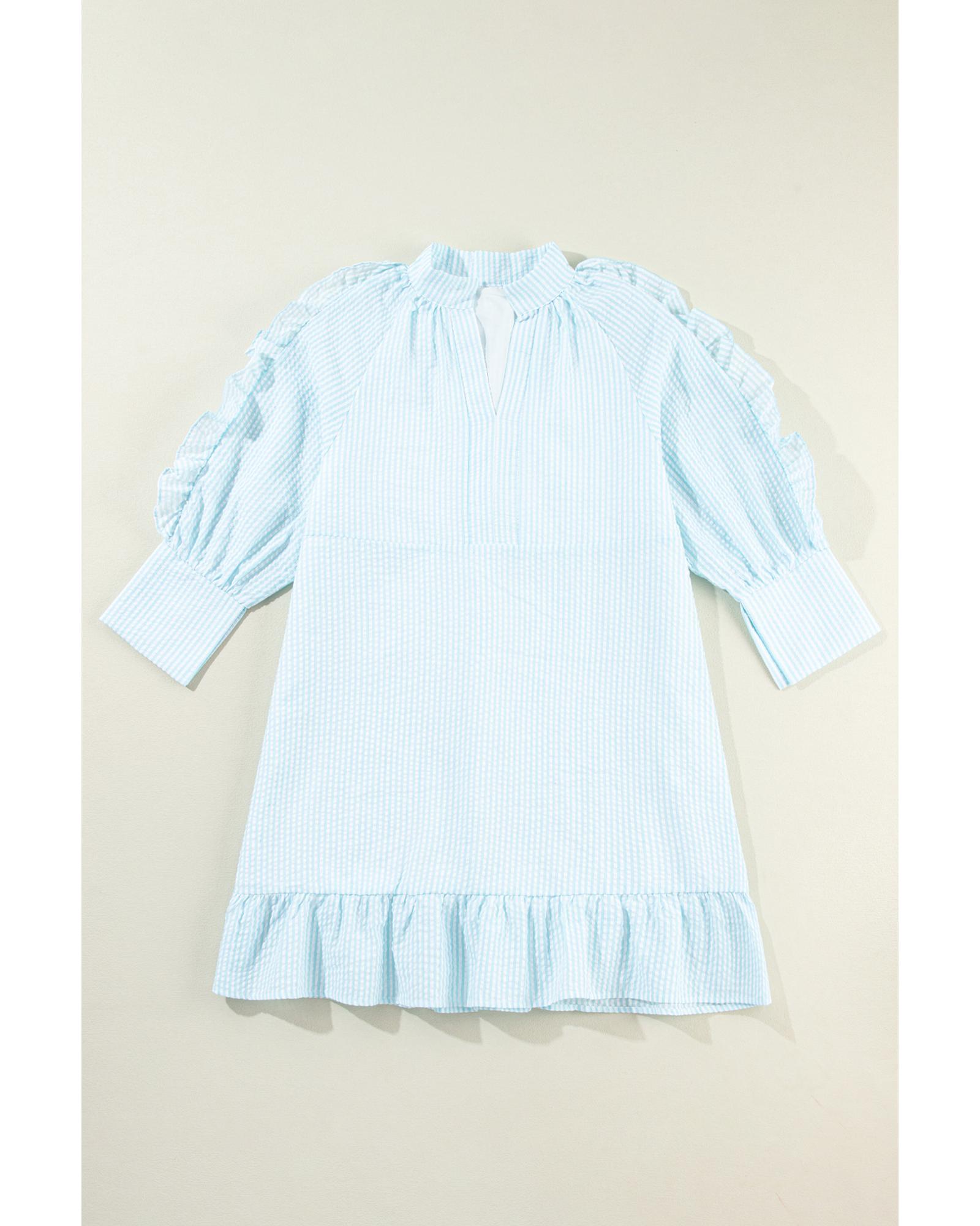 V539-AZEXDC6121378-P1204-S-202506141737-00 Myosotis Seersucker Ruffled Puff Sleeve Stand Neck Mini Dress - S - Image 1