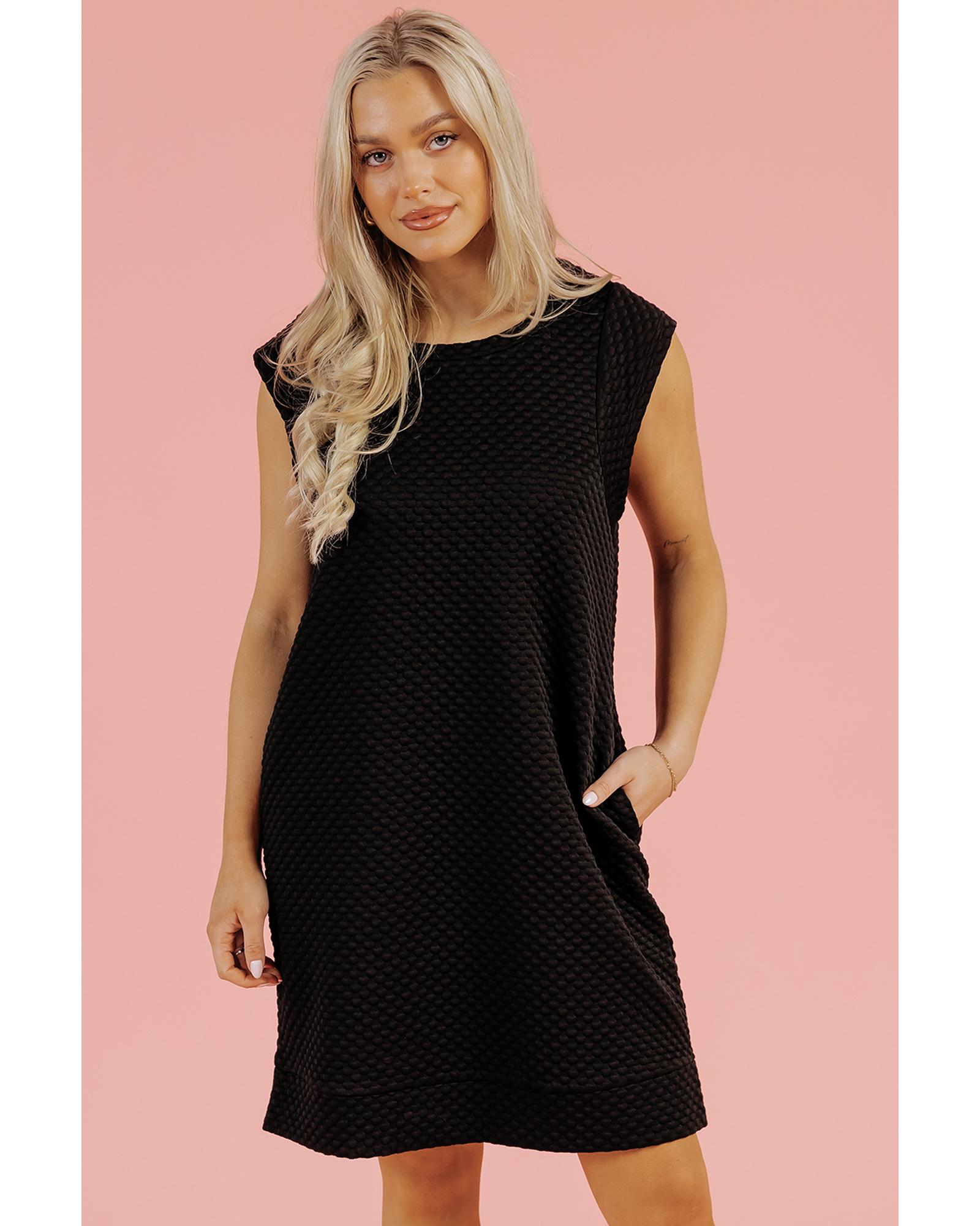 V539-AZEXDC6121439-P2-S-202506141747-00 Black Textured Cap Sleeve T-shirt Shift Mini Dress - S - Image 1