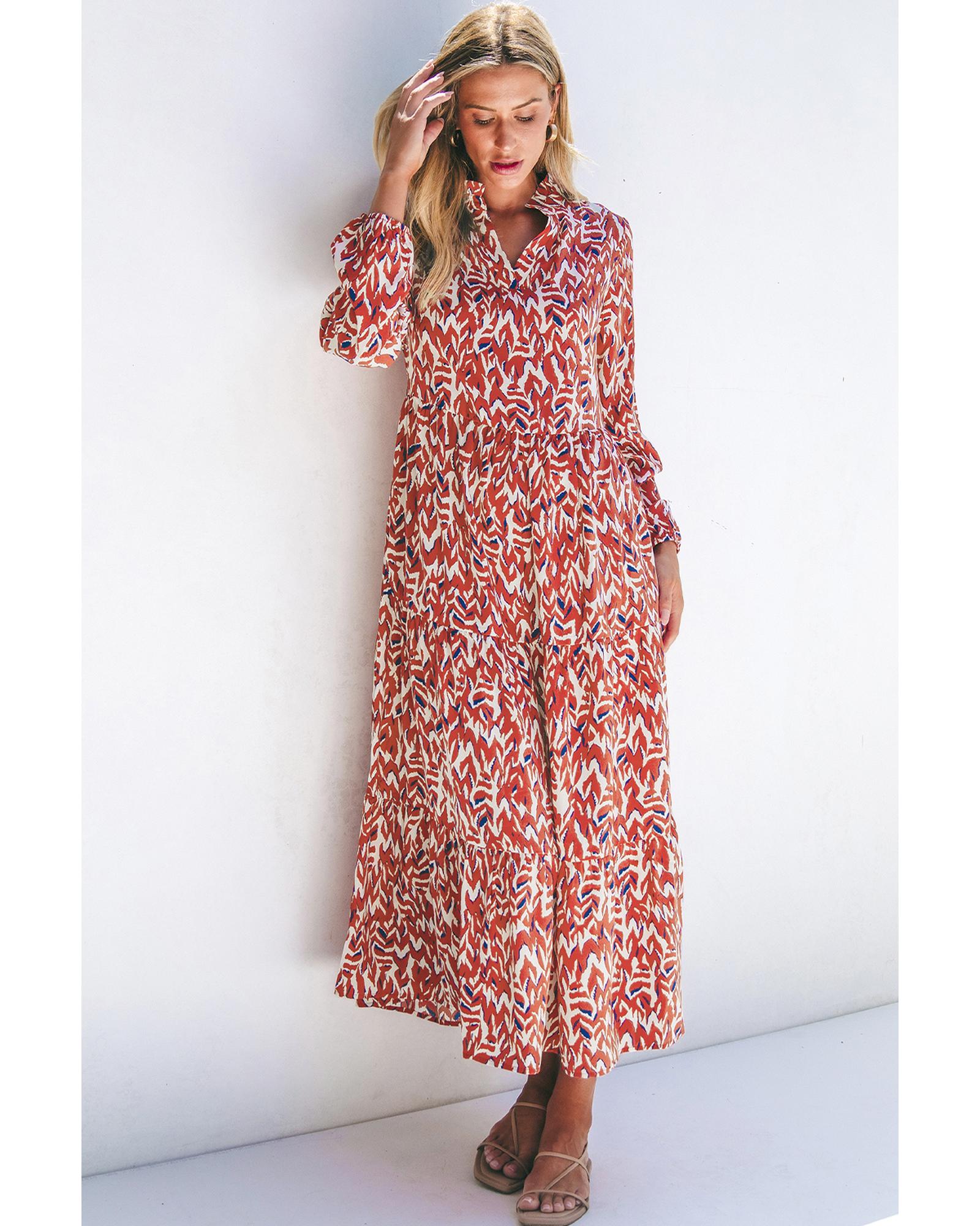 V539-AZEXDC6121493-P1420-L-202508280630-00 Orange Abstract Print V Neck Pleated High Waist Midi Dress - L - Image 1