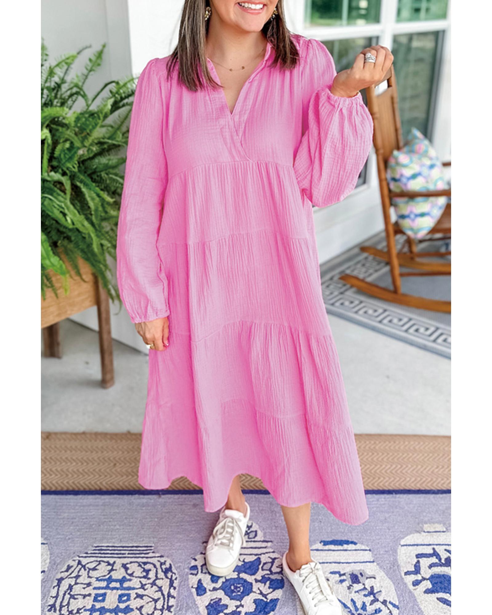 V539-AZEXDC6121524-P3010-L-202508290030-00 Bonbon Solid Collared V Neck Tiered Loose Fit Midi Dress - L - Image 1