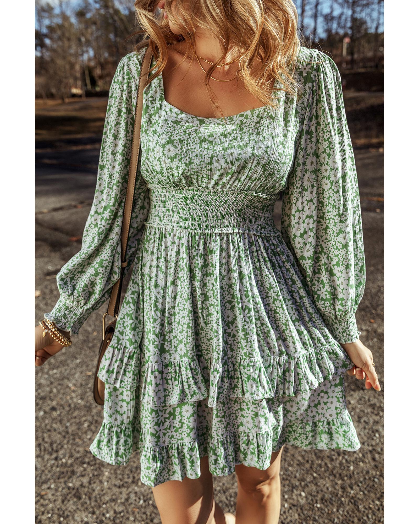 V539-AZEXDC6121574-P920-L-202508281425-00 Green Floral Print Square Neck Shirred Waist Tiered Ruffled Mini Dress - L - Image 1