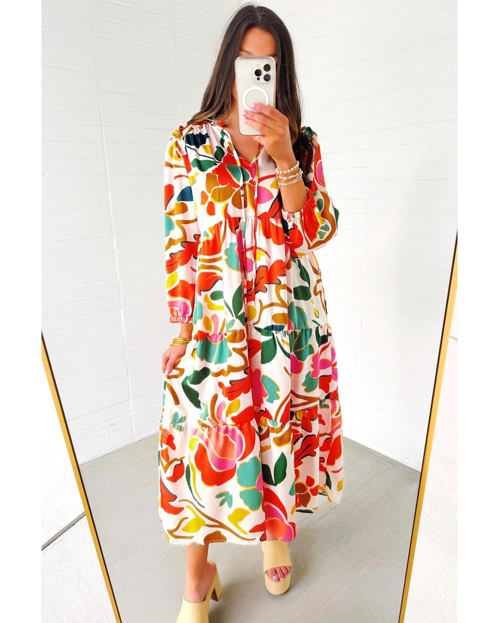V539-AZEXDC6121578-P1422-L-202508281910-00 Orange Floral Print Split V Neck Tiered Maxi Dress - L - Image 1
