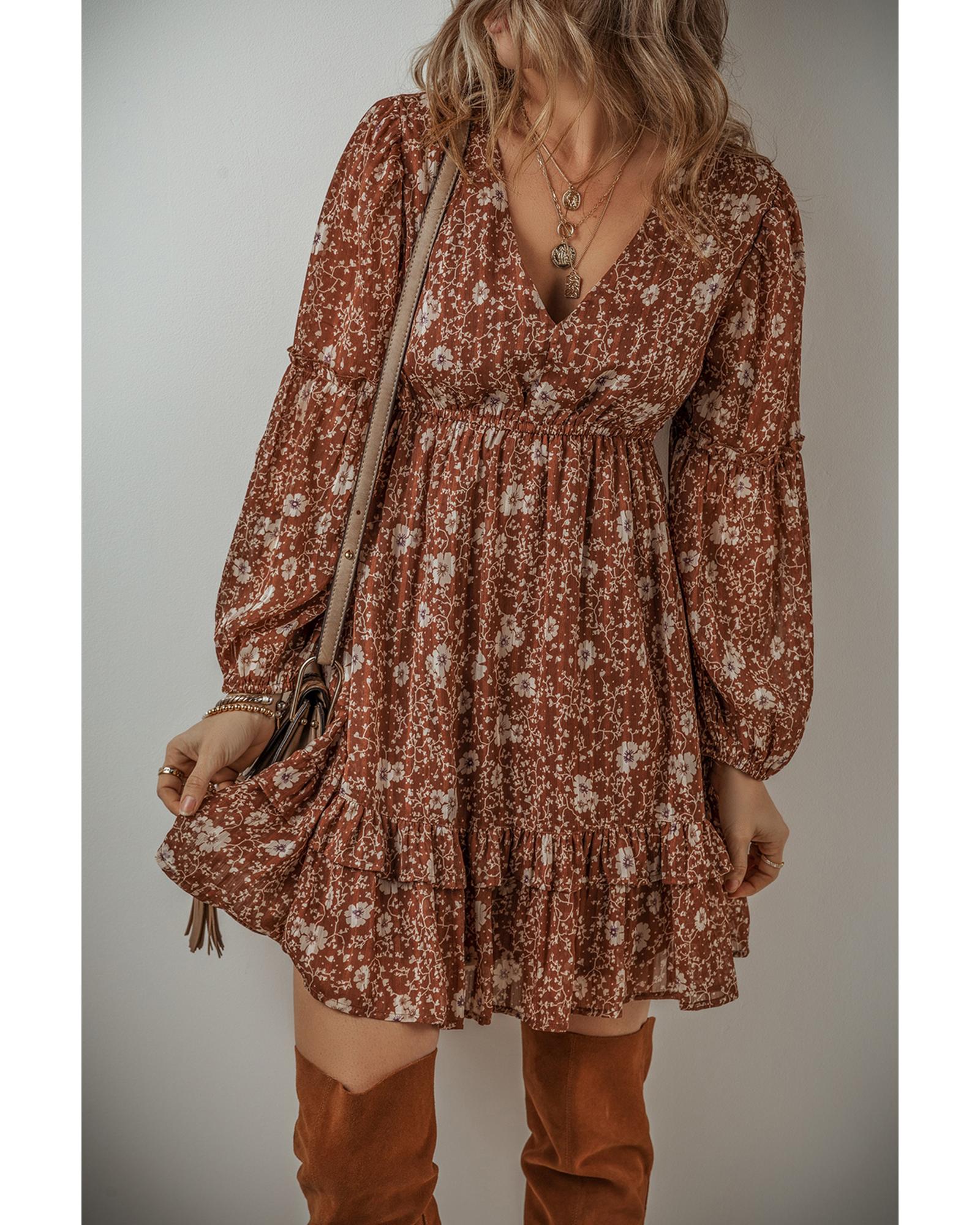 V539-AZEXDC6121585-P1720-L-202508290010-00 Brown Boho Floral Ruffled Puff Sleeve V Neck Mini Dress - L - Image 1