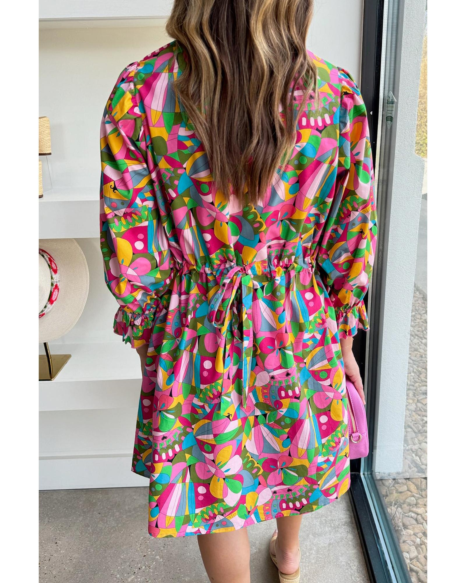 V539-AZEXDC6121634-P1020-M-202508280400-00 Pink Abstract Printed Lantern Sleeve Buttoned Mini Dress - M - Image 1