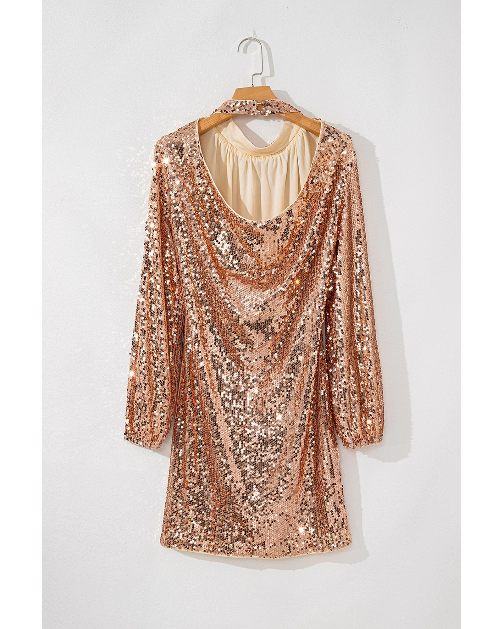 V539-AZEXDC6121637-P12-XL-202508281225-00 Gold Sequined Long Sleeve Cutout Back Mini Dress - XL - Image 1