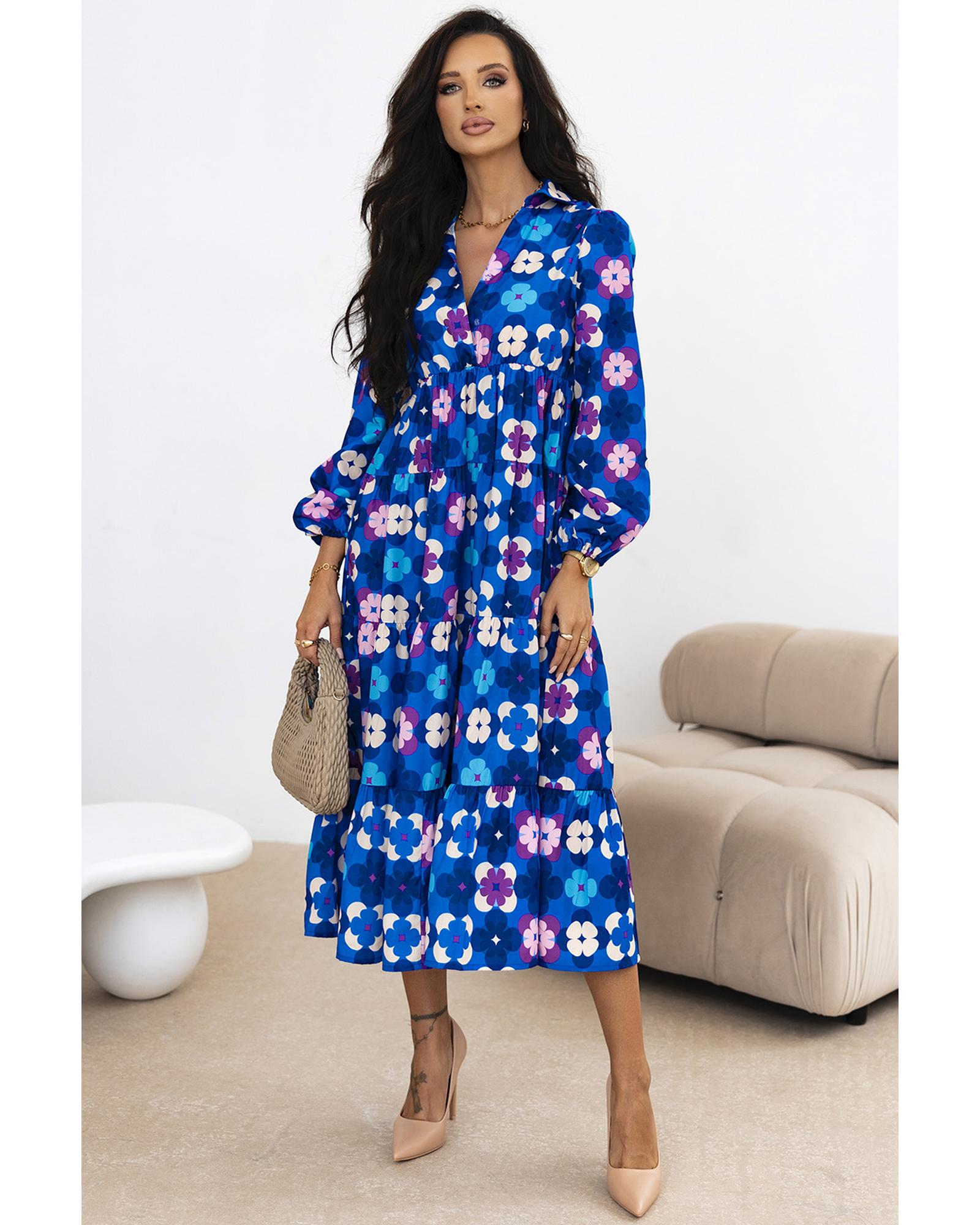 V539-AZEXDC6121719-P520-L-202508291745-00 Blue Floral Peasant Sleeve Tiered Ruffle Midi Dress - L - Image 1