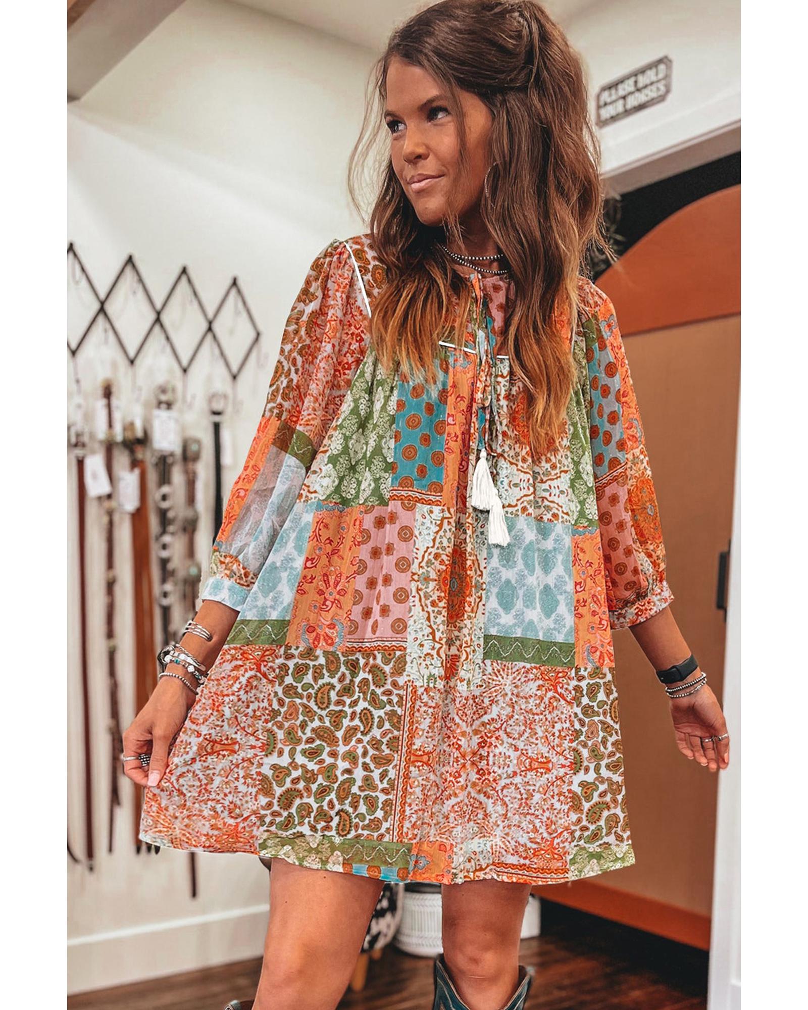 V539-AZEXDC6121745-P1420-L-202508281815-00 Orange Boho Paisley Mixed Print 3/4 Sleeve Chiffon Loose Dress - L - Image 1