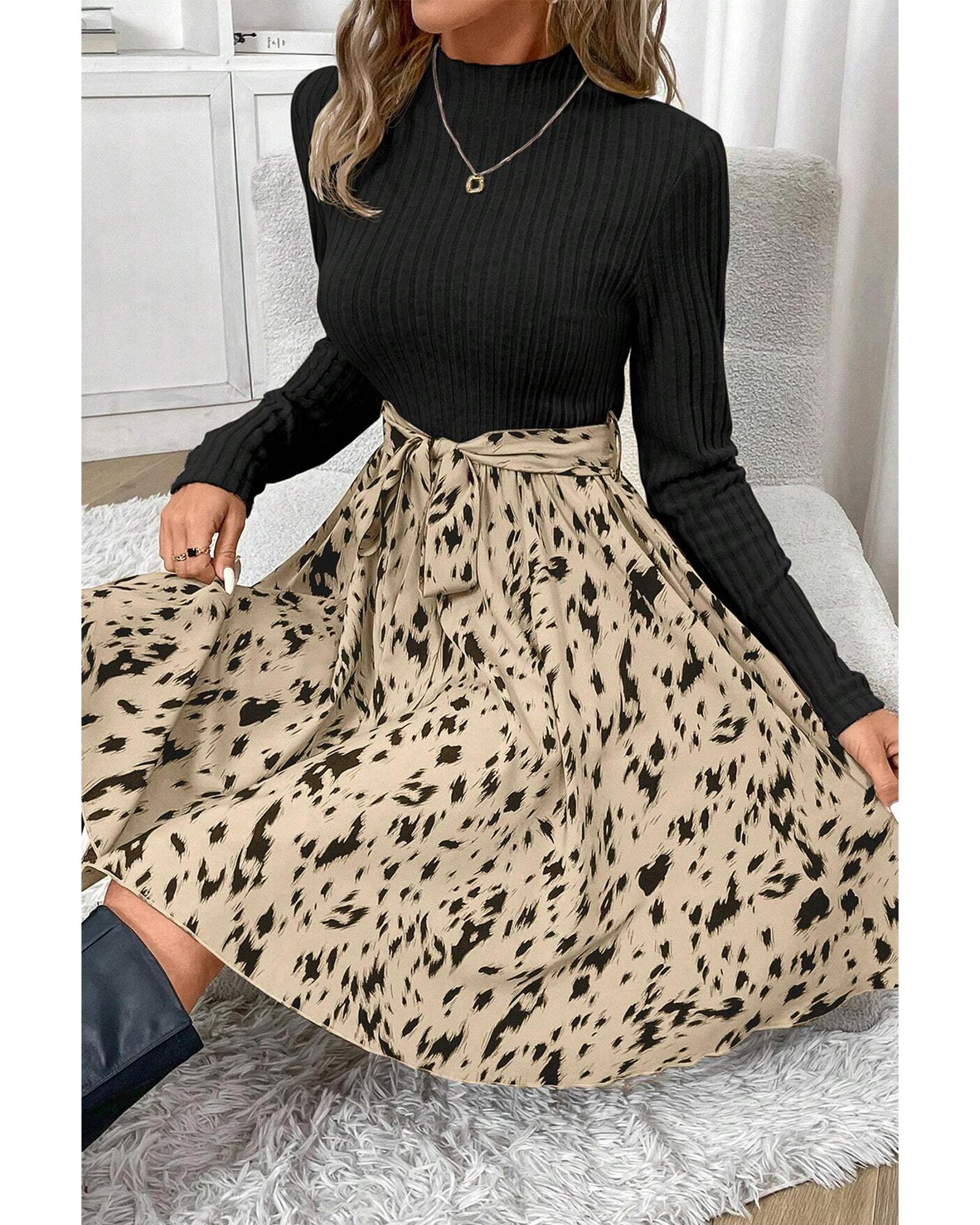 V539-AZEXDC6121772-P2-L-202508282330-00 Black Ribbed Knit Patchwork Printed Belted A-line Dress - L - Image 1