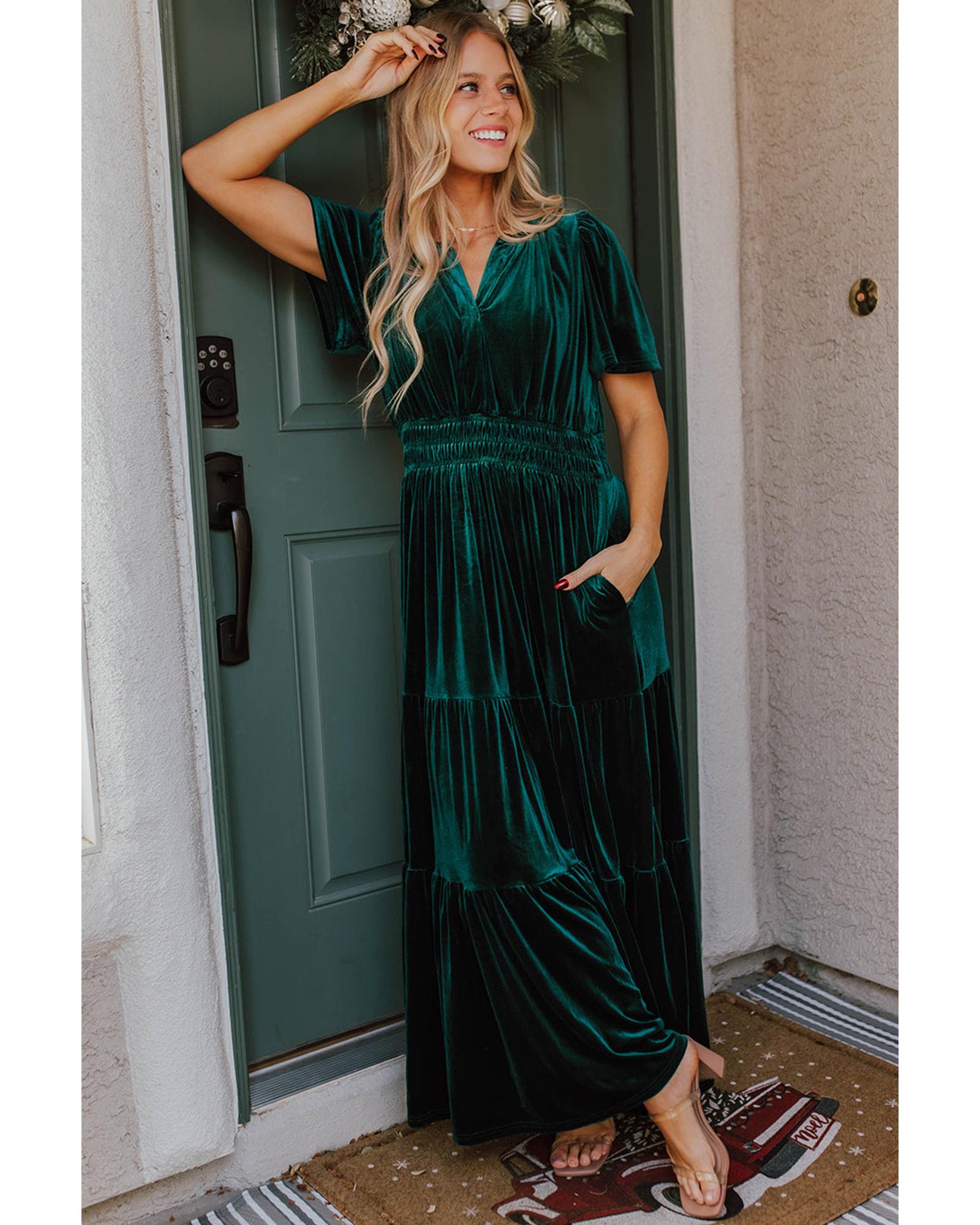 V539-AZEXDC6121808-P2509-XL-202508280930-00 Evergreen Velvet Short Sleeve Shirred Waist Tiered Maxi Dress - XL - Image 1