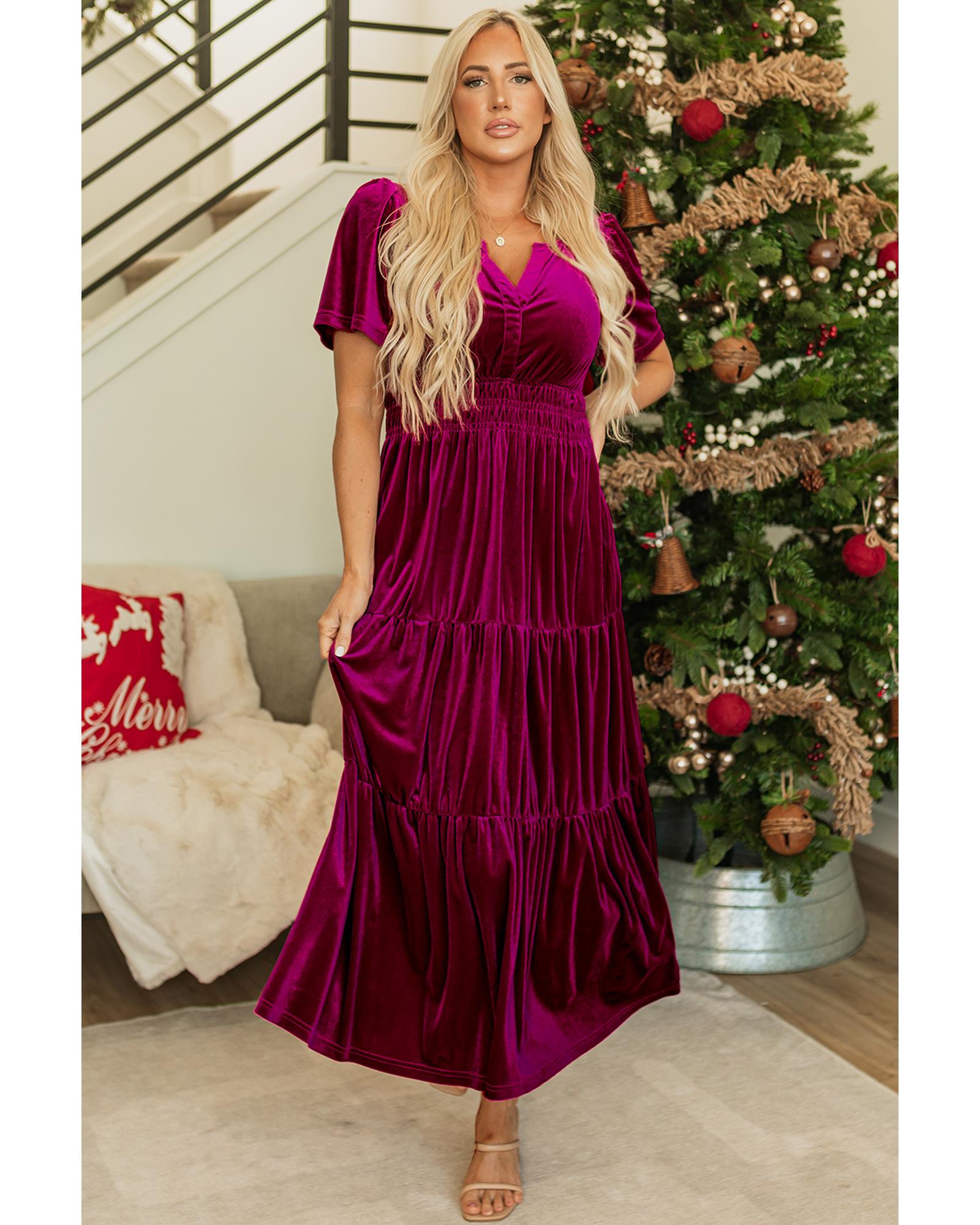 V539-AZEXDC6121808-P403-M-202508281240-00 Red Dahlia Velvet Short Sleeve Shirred Waist Tiered Maxi Dress - M - Image 1