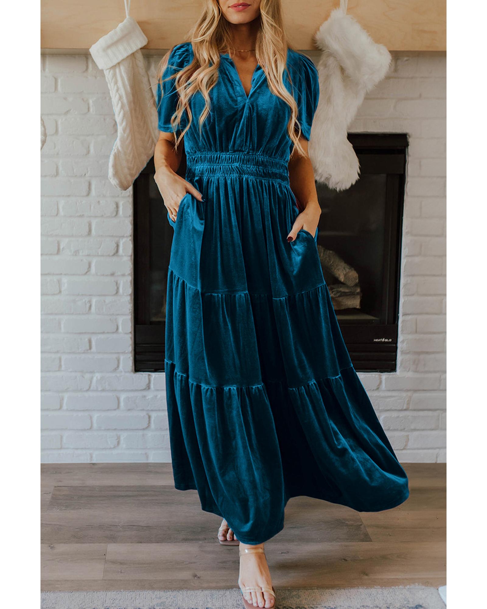 V539-AZEXDC6121808-P505-L-202508281630-00 Prussian Blue Velvet Short Sleeve Shirred Waist Tiered Maxi Dress - L - Image 1