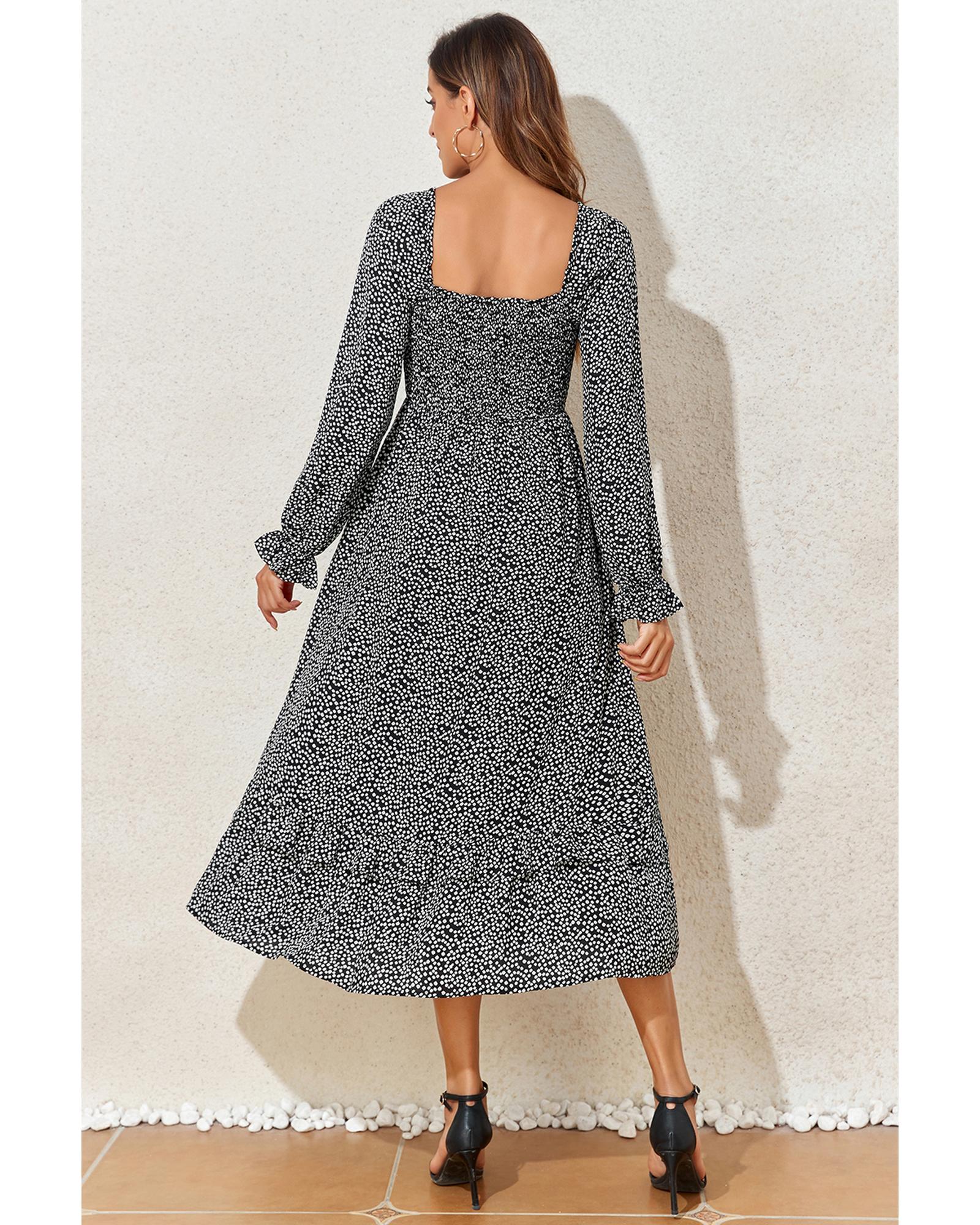 V539-AZEXDC6121821-P220-S-202506141635-00 Black Floral Printed Long Sleeve Square Neck Midi Dress - S - Image 1