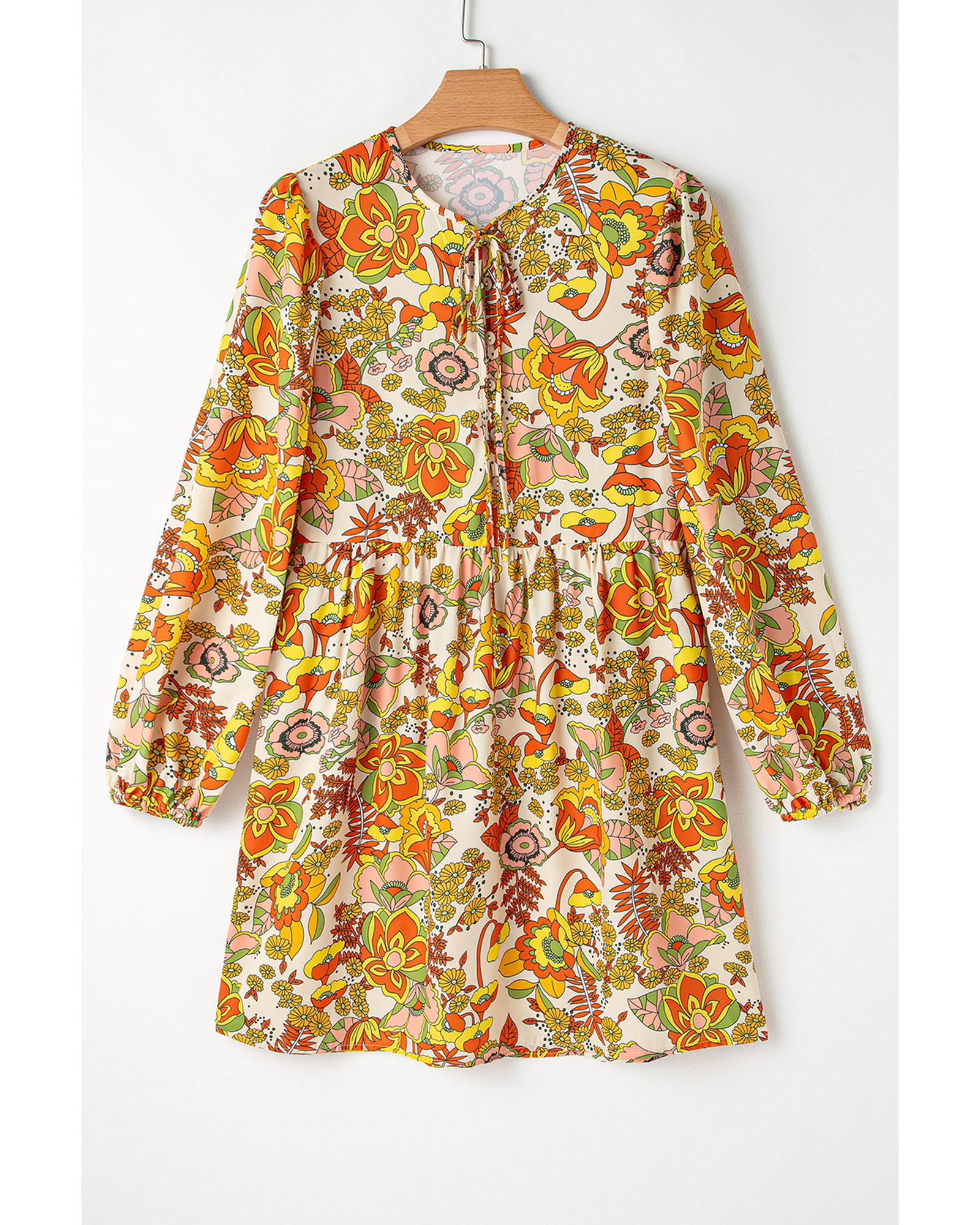 V539-AZEXDC6121984-P107-M-202508281515-00 Yellow Cream Floral Print V Neck Puff Sleeve Mini Dress - M - Image 1