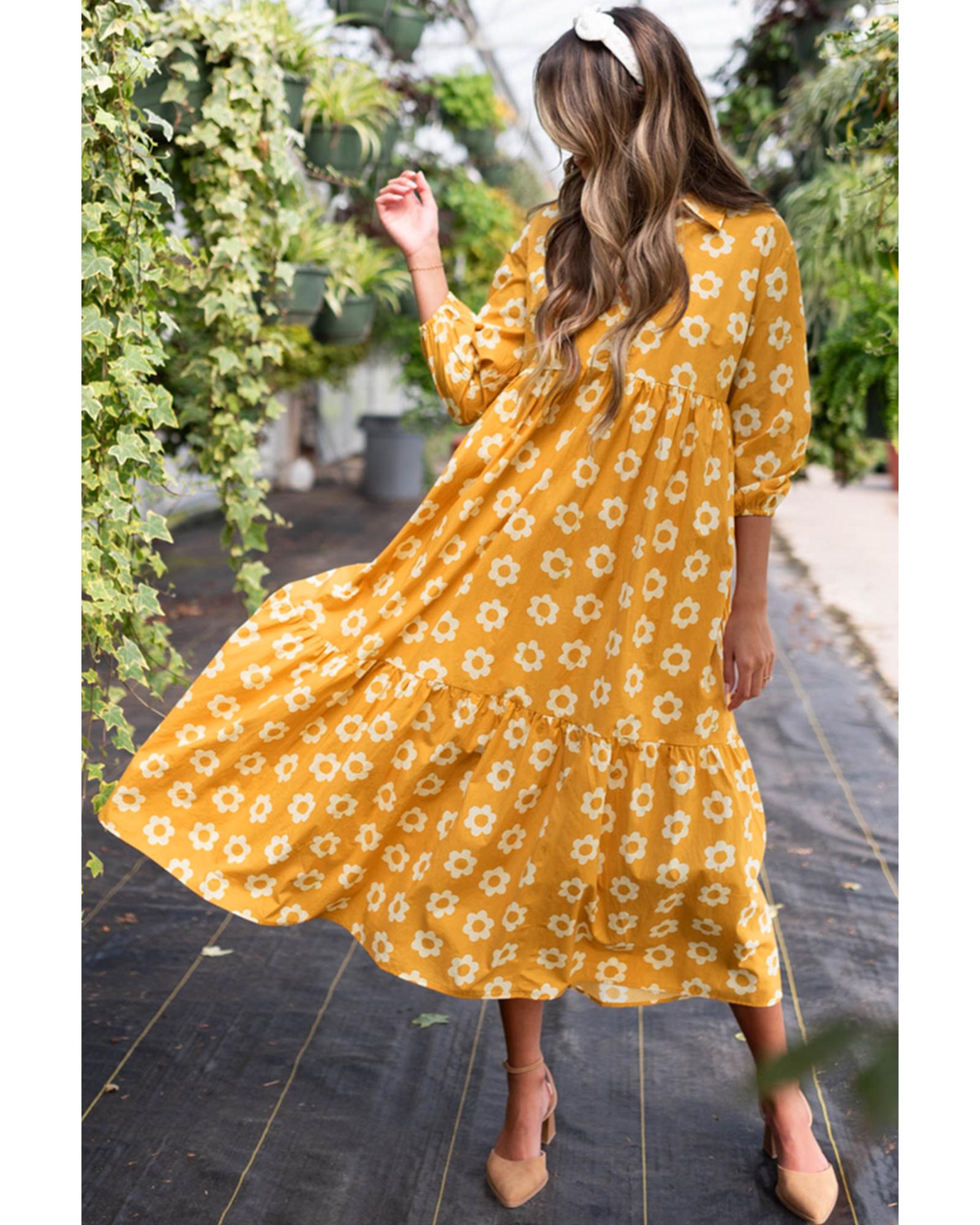 V539-AZEXDC6122039-P720-L-202508280110-00 Yellow Flower Print Bracelet Sleeve Buttons Collared Maxi Dress - L - Image 1