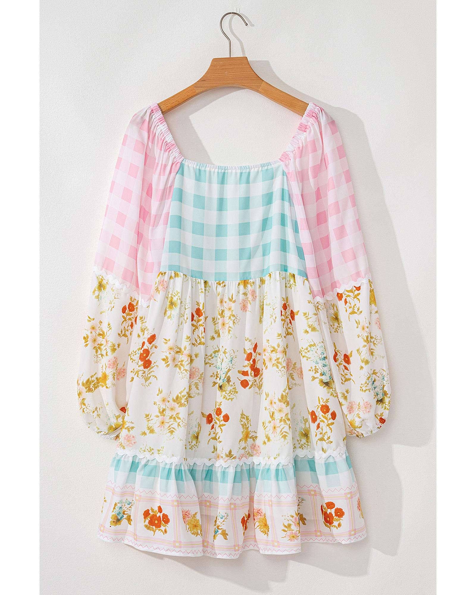 V539-AZEXDC6122059-P1020-XL-202508310930-00 Pink Ric Rac Plaid Floral Print Patchwork Bubble Sleeve Dress - XL - Image 1