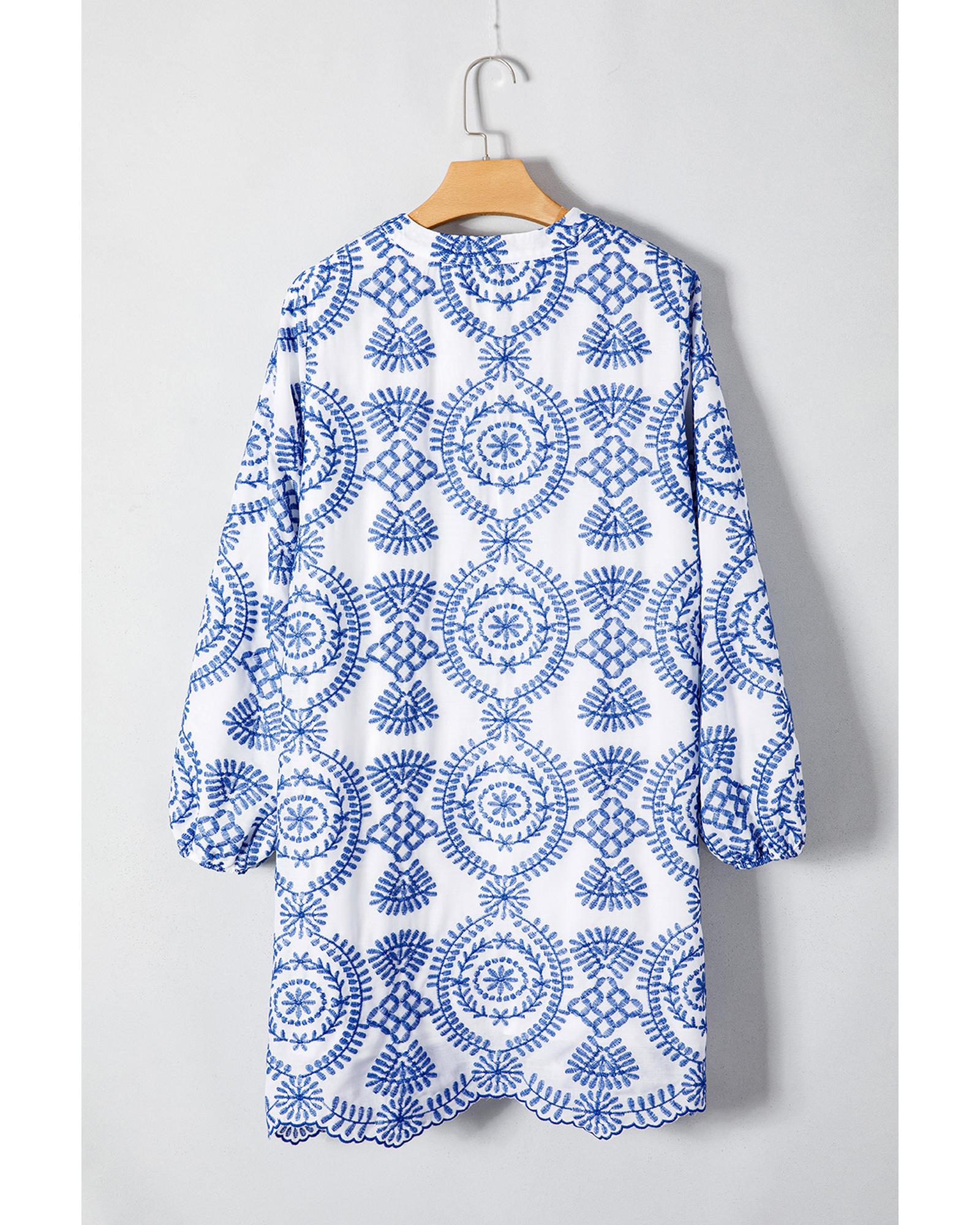 V539-AZEXDC6122101-P520-L-202508311140-00 Blue Boho Floral Embroidered Notch V Neck Shift Mini Dress - L - Image 1
