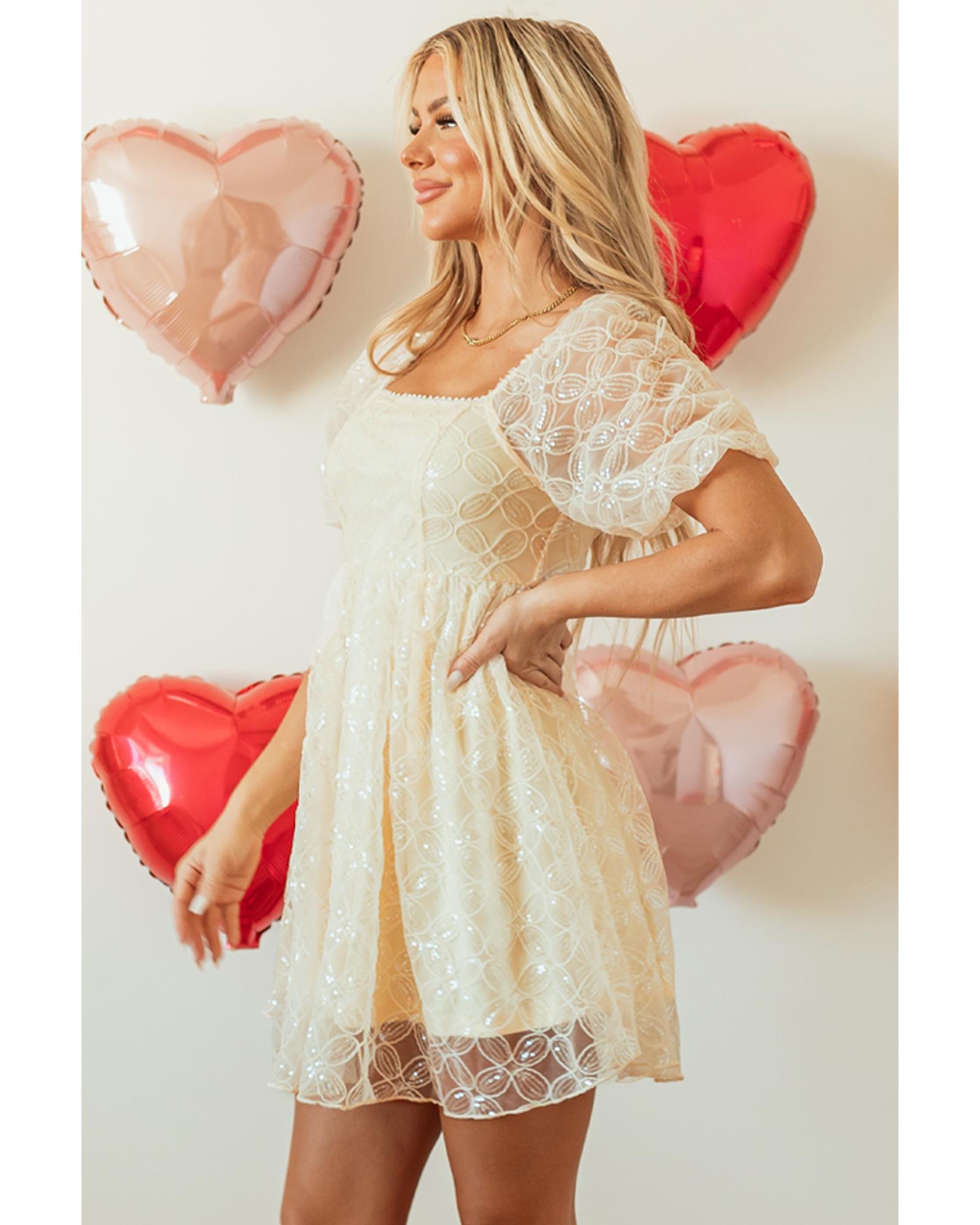 V539-AZEXDC6122169-P18-L-202508310415-00 Apricot Sequined Lace Mesh Bubble Sleeve Square Neck Dress - L - Image 1