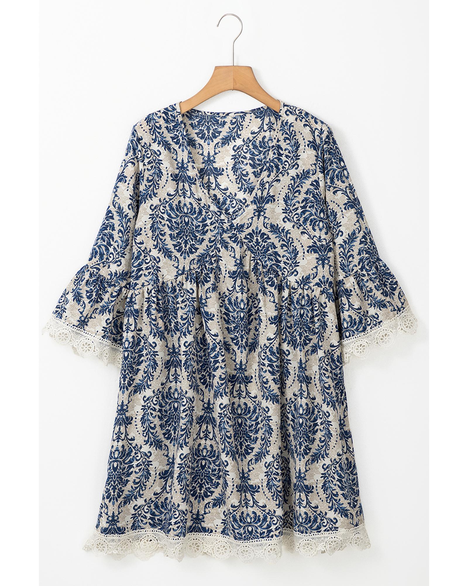 V539-AZEXDC6122172-P420-S-202506190126-00 Sky Blue Vintage Printed Lace Trim V Neck 3/4 Sleeve Loose Dress - S - Image 1