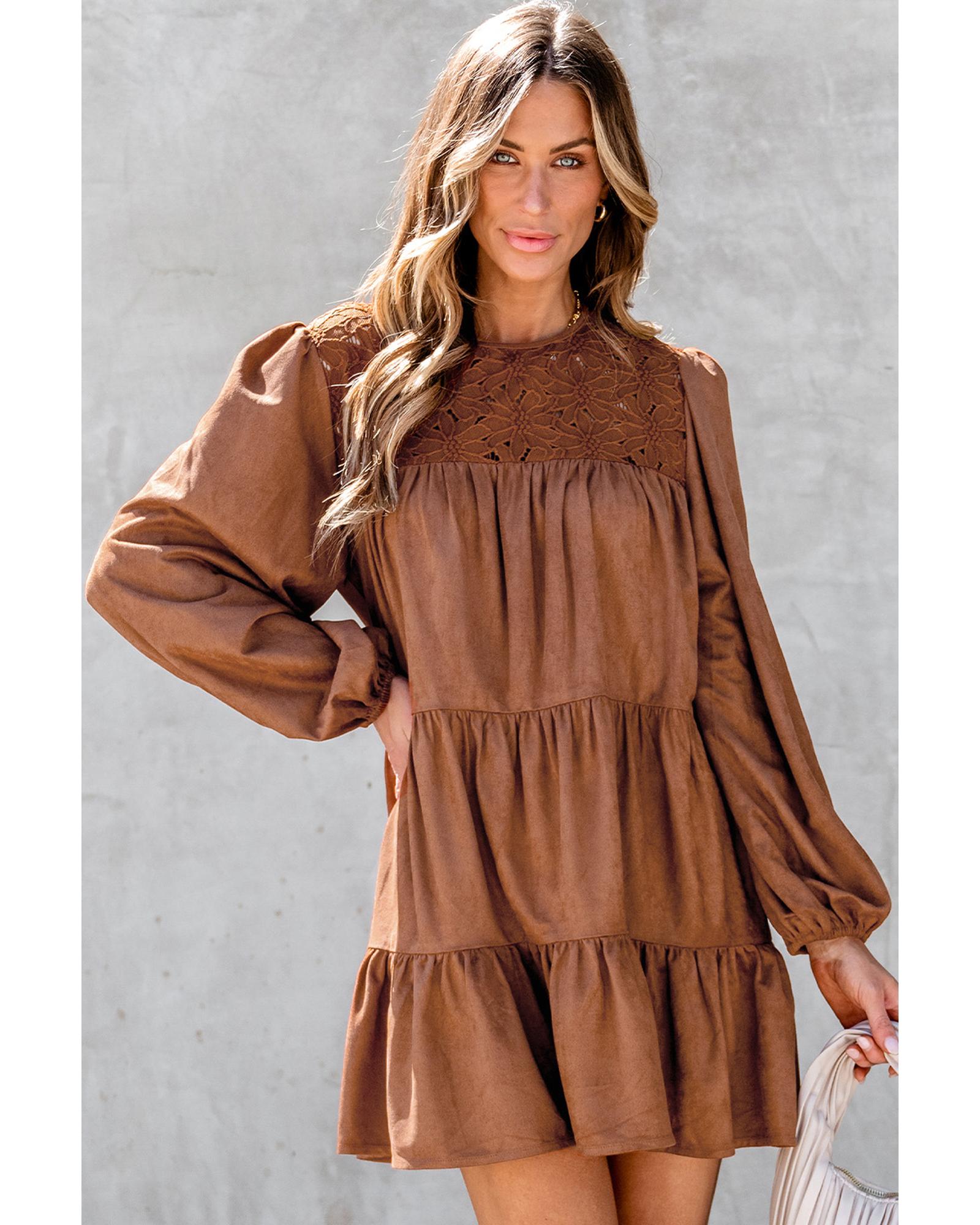 V539-AZEXDC6122188-P2017-L-202508310620-00 Chestnut Floral Lace Crochet Tiered Ruffled Mini Dress - L - Image 1