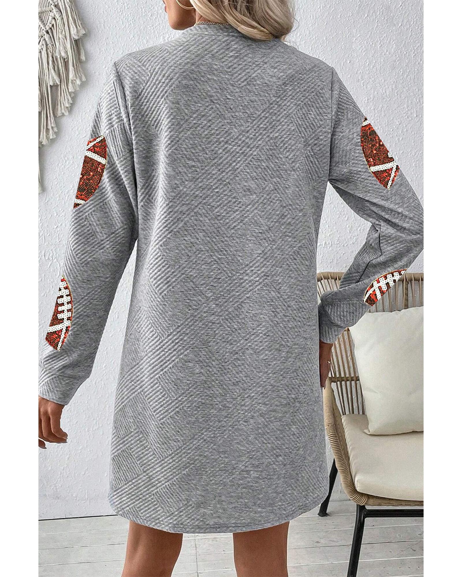 V539-AZEXDC6122241-P11-XL-202508311020-00 Gray Sequin Rugby Football Graphic Textured Long Sleeve Shift Mini Dress - XL - Image 1