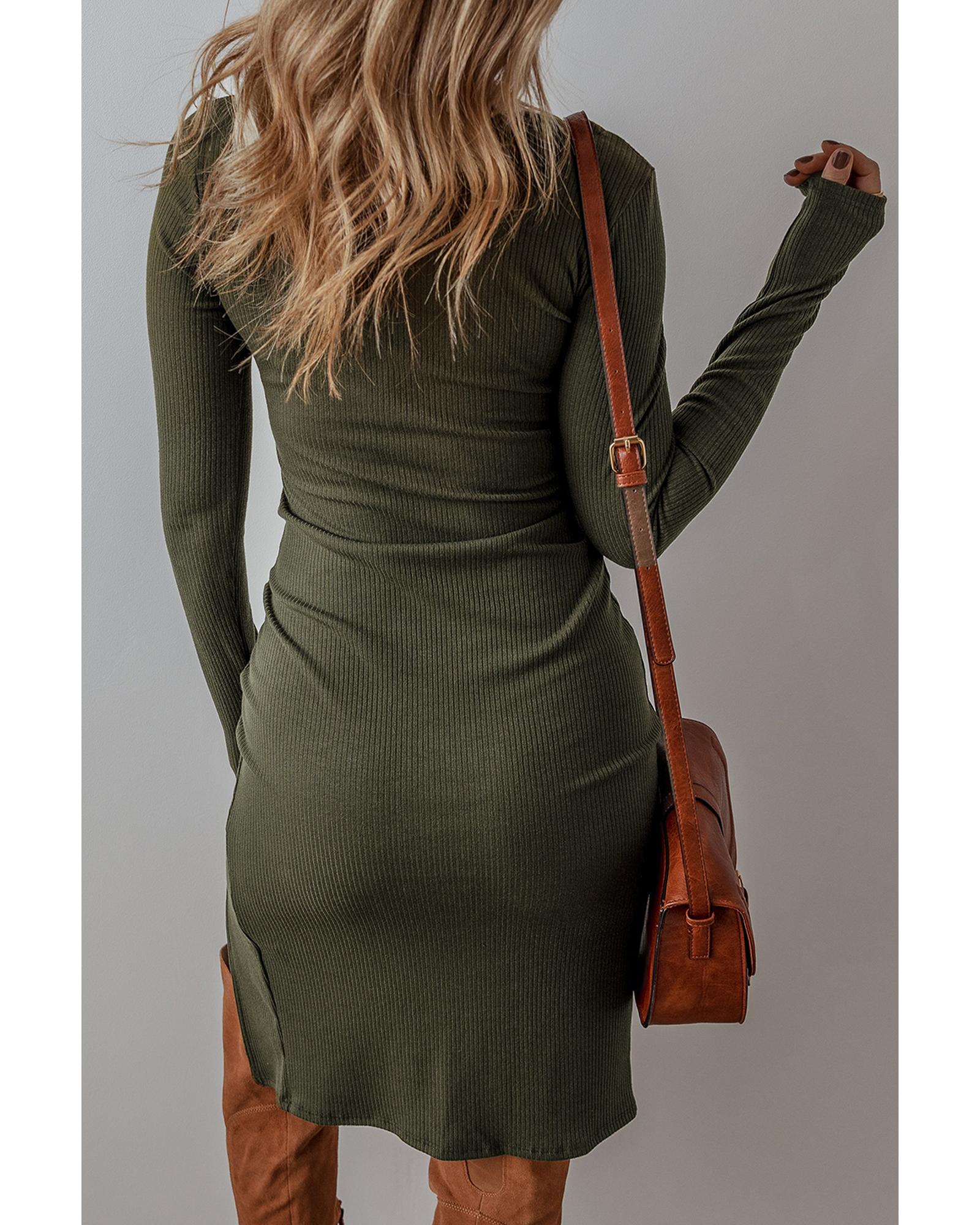 V539-AZEXDC6122400-P609-M-202508310550-00 Jungle Green Ribbed Side Slit Ruched Slim Fit Long Sleeve Mini Dress - M - Image 1