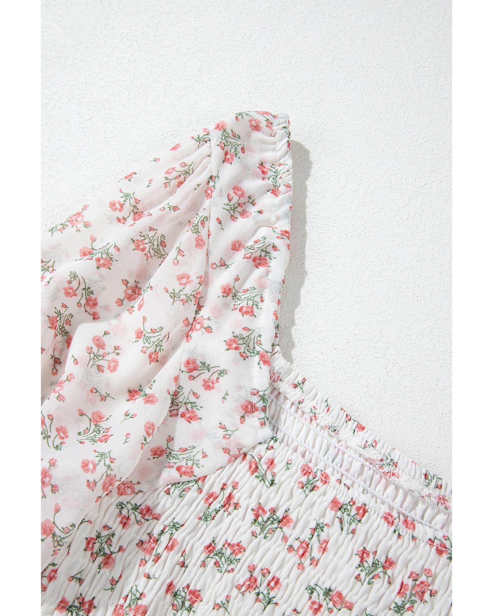V539-AZEXDC6122401-P120-S-202506190217-00 White Floral Print Shirred Ruffled Hem Square Neck Midi Dress - S - Image 1