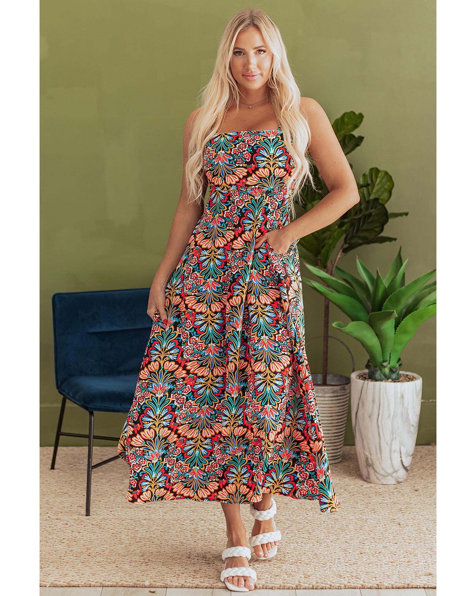 V539-AZEXDC6122426-P220-L-202508311040-00 Black Boho Floral Print Thin Straps Sleeveless High Waist Maxi Dress - L - Image 1