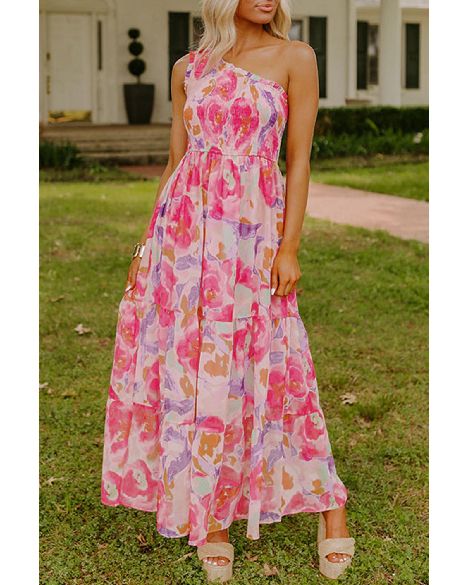 V539-AZEXDC6122433-P1020-L-202506190227-00 Pink Abstract Floral Print Shirred One Shoulder Maxi Dress - L - Image 1