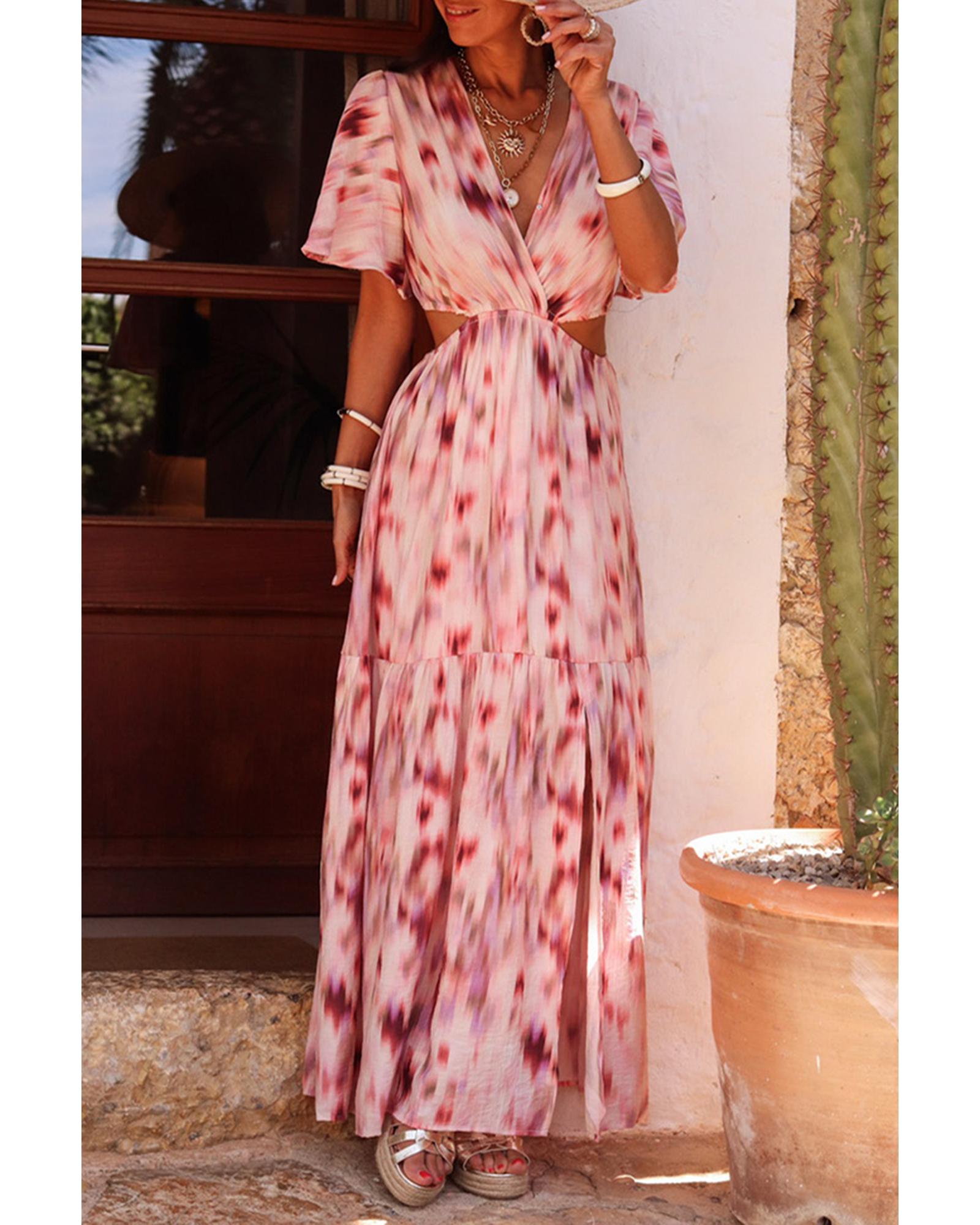 V539-AZEXDC6122440-P1020-M-202508311055-00 Pink Abstract Printed Flutter Sleeve Daring Cutout Long Dress - M - Image 1