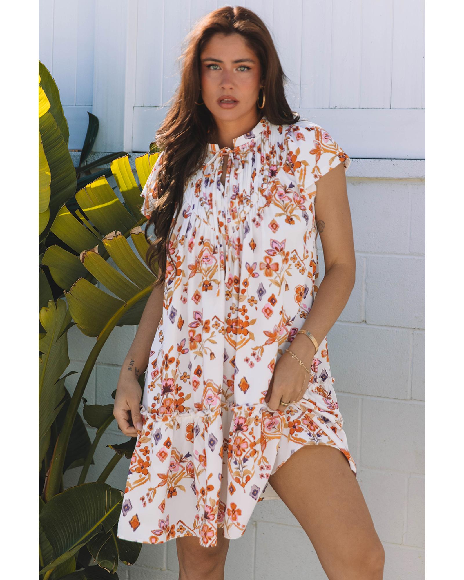 V539-AZEXDC6122444-P1820-M-202508310345-00 Apricot Floral Geometric Print Ruffled Trim Flutter Sleeve Mini Dress - M - Image 1