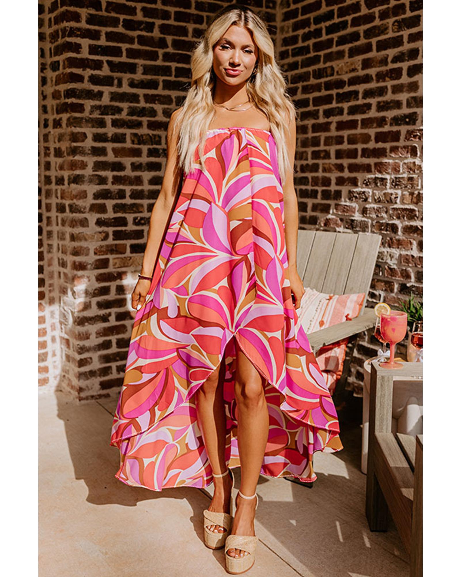 V539-AZEXDC6122457-P620-S-202506190037-00 Rose Floral High Low Bandeau Vacay Dress - S - Image 1