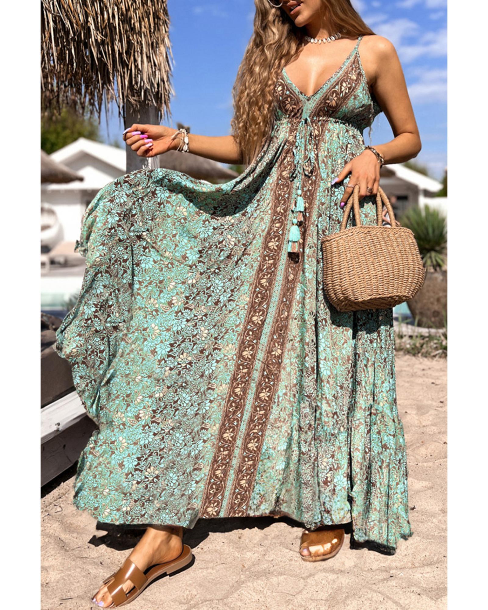 V539-AZEXDC6122461-P920-M-202508311555-00 Green Floral Print V Neck Ruffled Trim Backless Tassel Waist Maxi Dress - M - Image 1