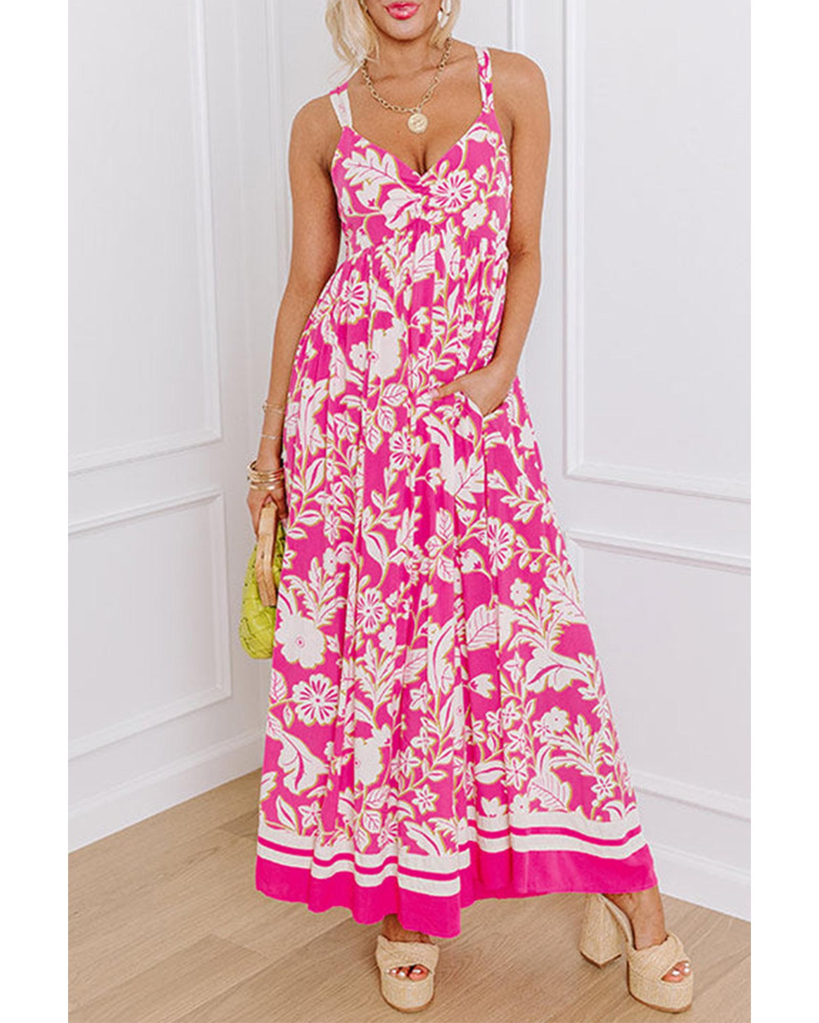 V539-AZEXDC6122464-P620-XL-202508311445-00 Rose Floral V Neck Crisscross Backless Maxi Dress - XL - Image 1