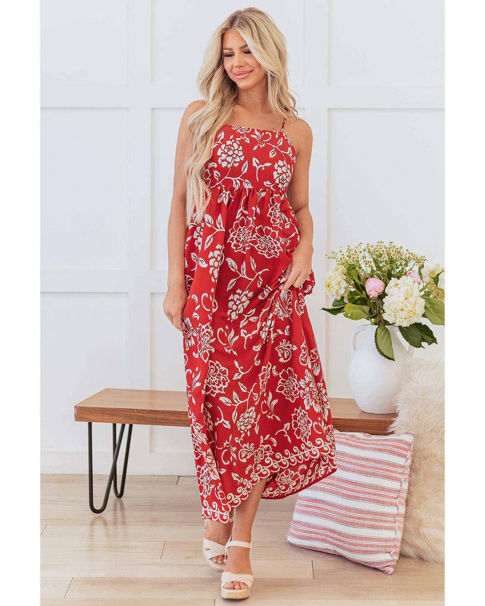 V539-AZEXDC6122465-P10320-L-202508311450-00 Red Floral Printed Spaghetti Strap Empire Waist Maxi Dress - L - Image 1