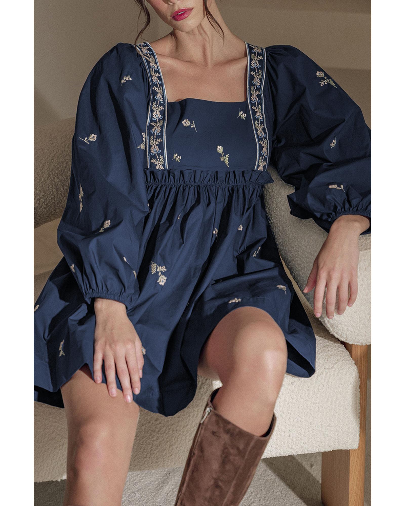 V539-AZEXDC6122488-P520-M-202508310750-00 Blue Floral Embroidered Square Neck Puff Sleeve Ruffled Mini Dress - M - Image 1